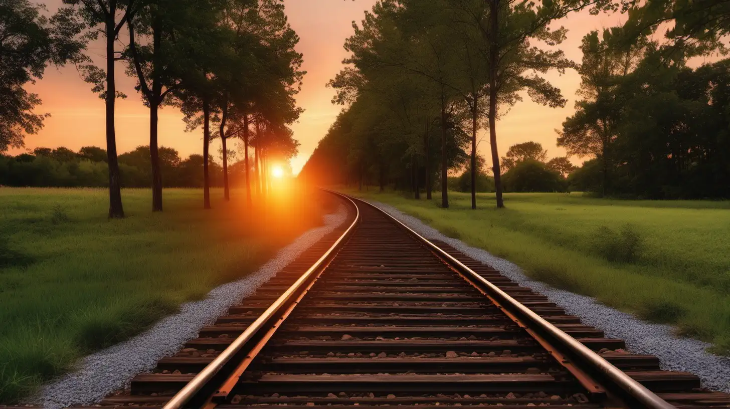 railroad tracks disappearing into the sunset, trees lining both sides with a curve looking from a ground level position, sunset lighting up the tracks