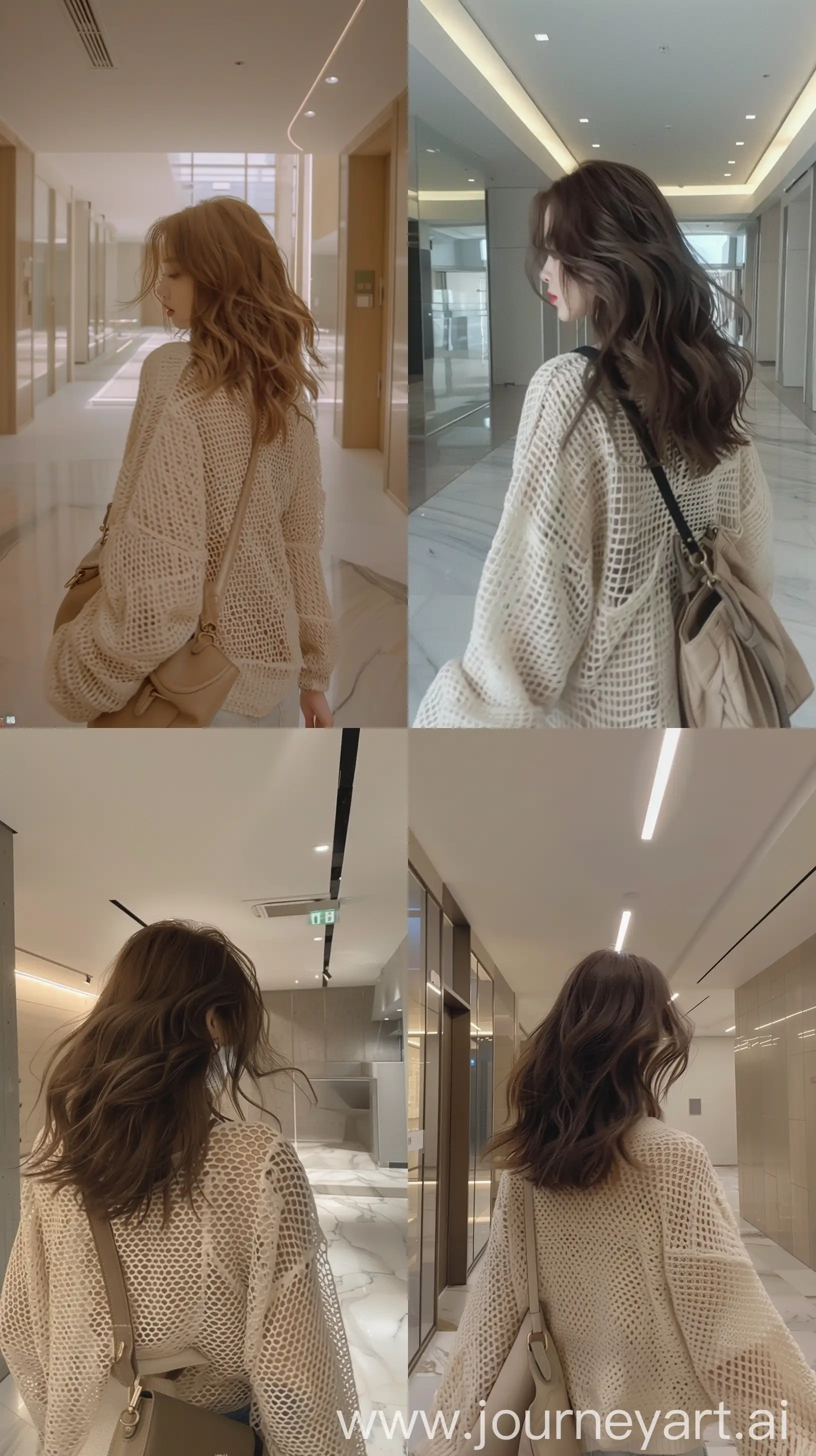 Fashionable-SelfPortrait-of-Jennie-from-Blackpink-in-Cream-Net-Cardigan-Walking-Through-Modern-Apartment-Hallway