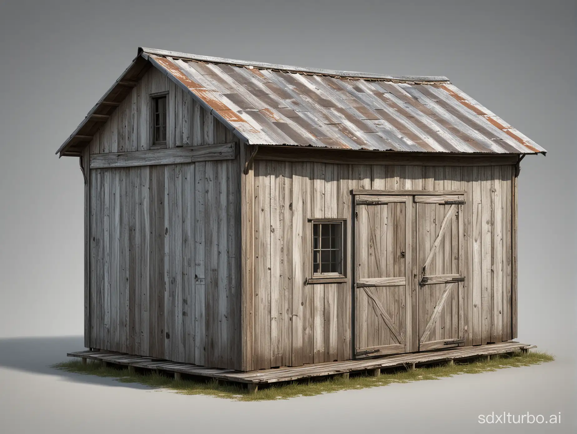 On a blank background is a small weathered barn wooden shack with a hot metal low sloped tin roof. Photo realistic clear high resolution image generation.