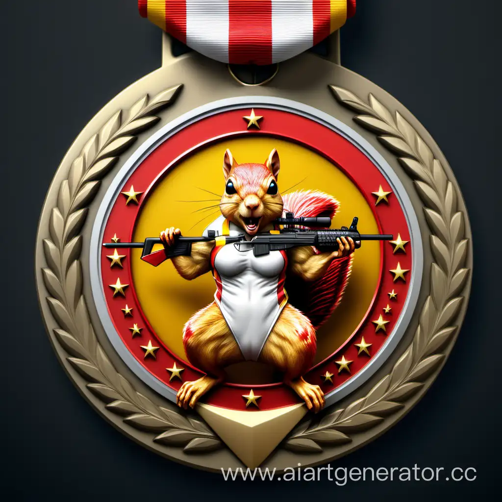 design of the award medal for sniper skills, angry realistic squirrel on the medal, symmetrical red, white and yellow ribbons