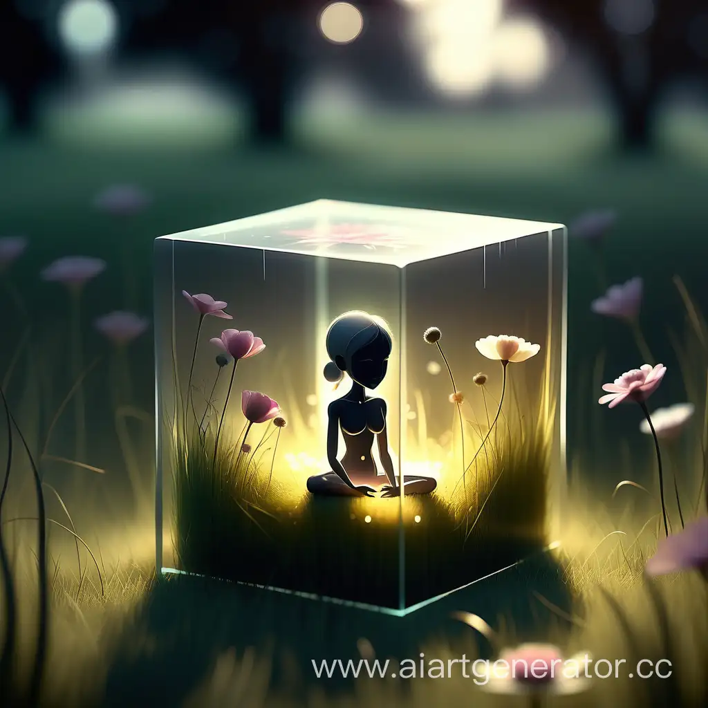 Enigmatic-Glowing-Silhouette-in-Glass-Cube-Surrounded-by-Nature-and-Flowers