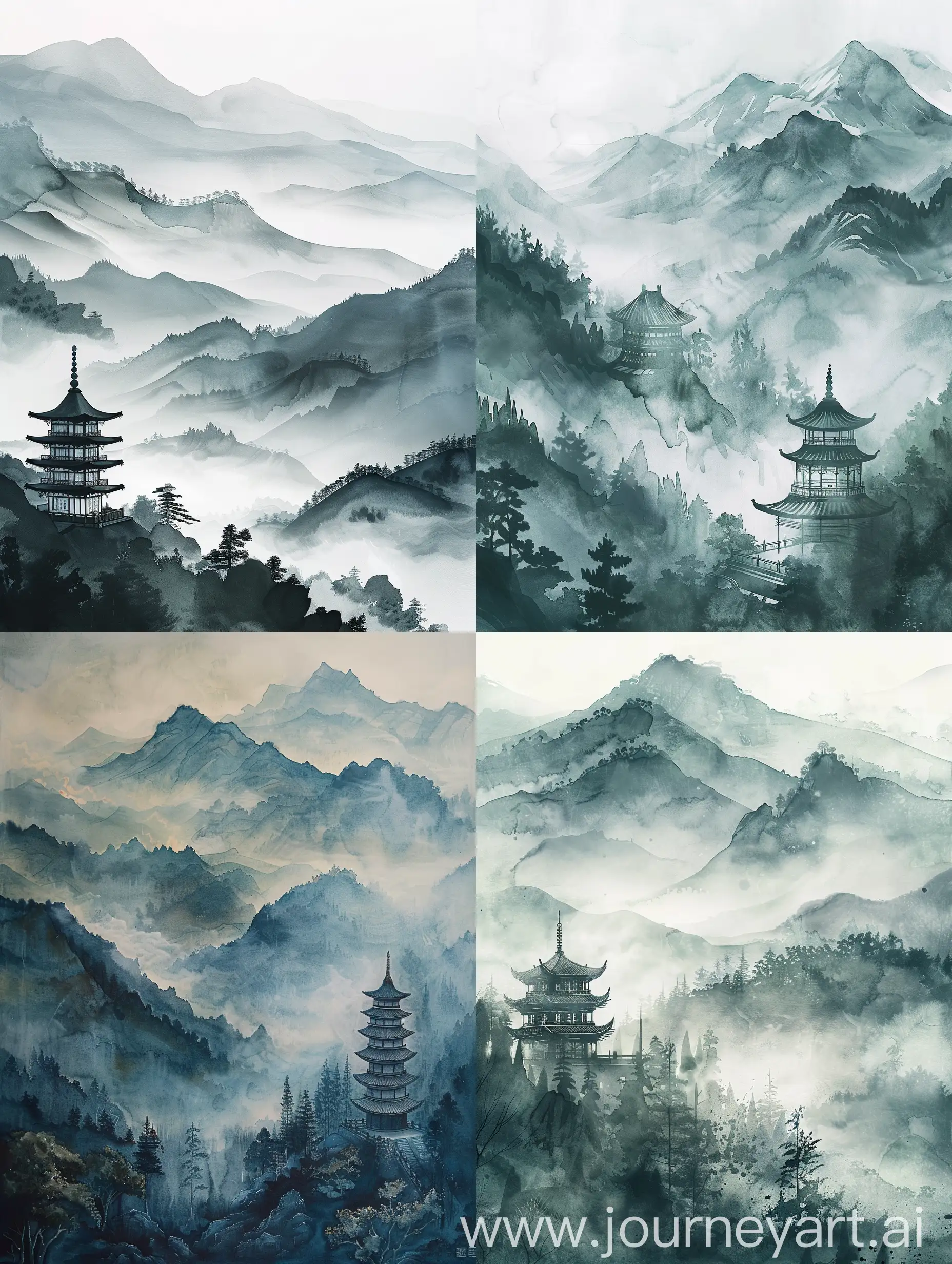 Ancient China landscape painting featuring a serene mountain scene with a traditional Chinese pagoda in the foreground, misty atmosphere, ink wash technique, inspired by the Song Dynasty, detailed brushwork, minimalist color palette