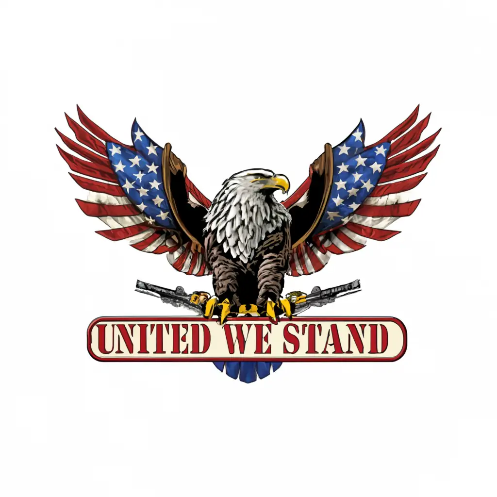 a logo design,with the text "United we stand", main symbol:American eagle holding a rifle,Moderate,clear background