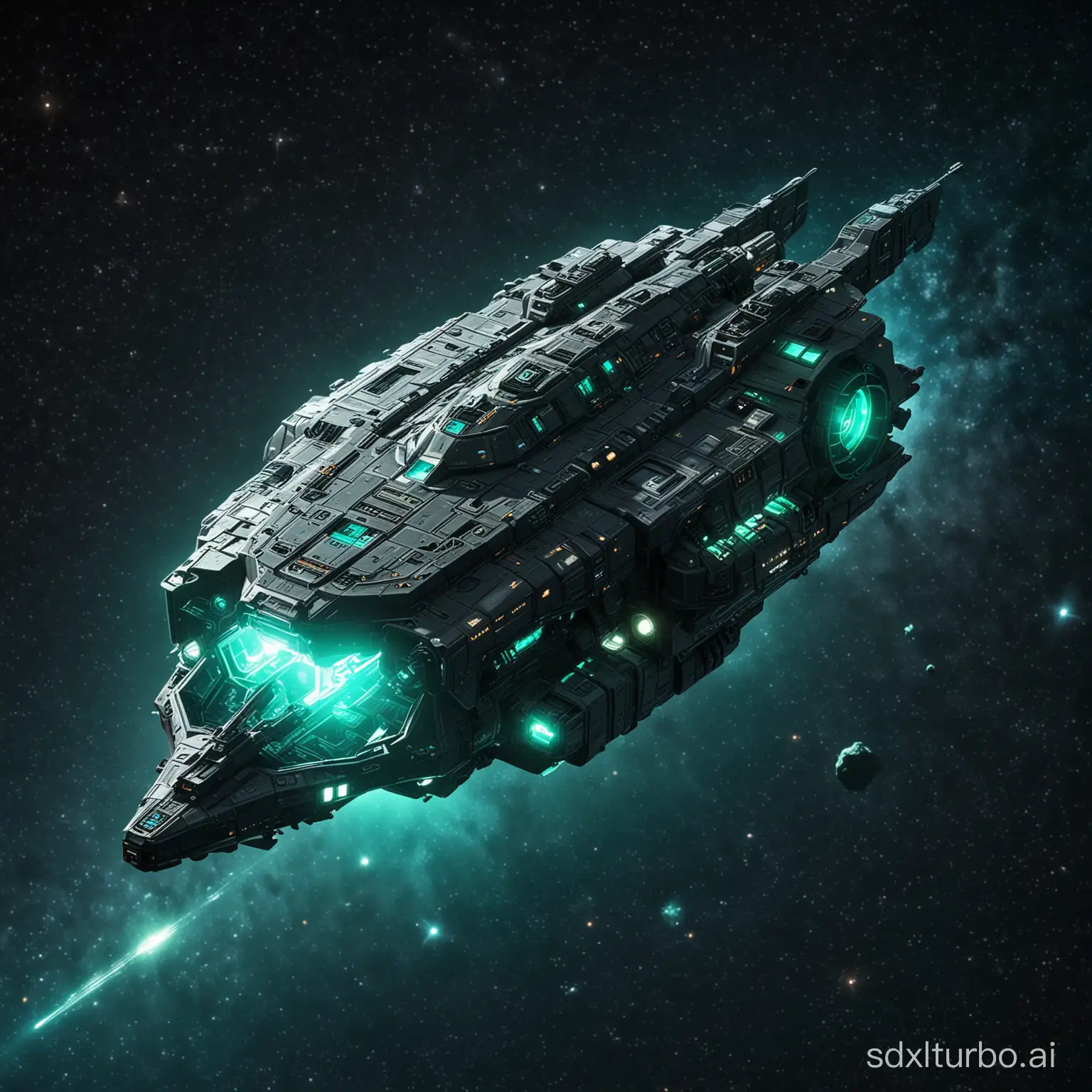 a isometric space transporter ship, a littel bit green glowing, in front of a star field