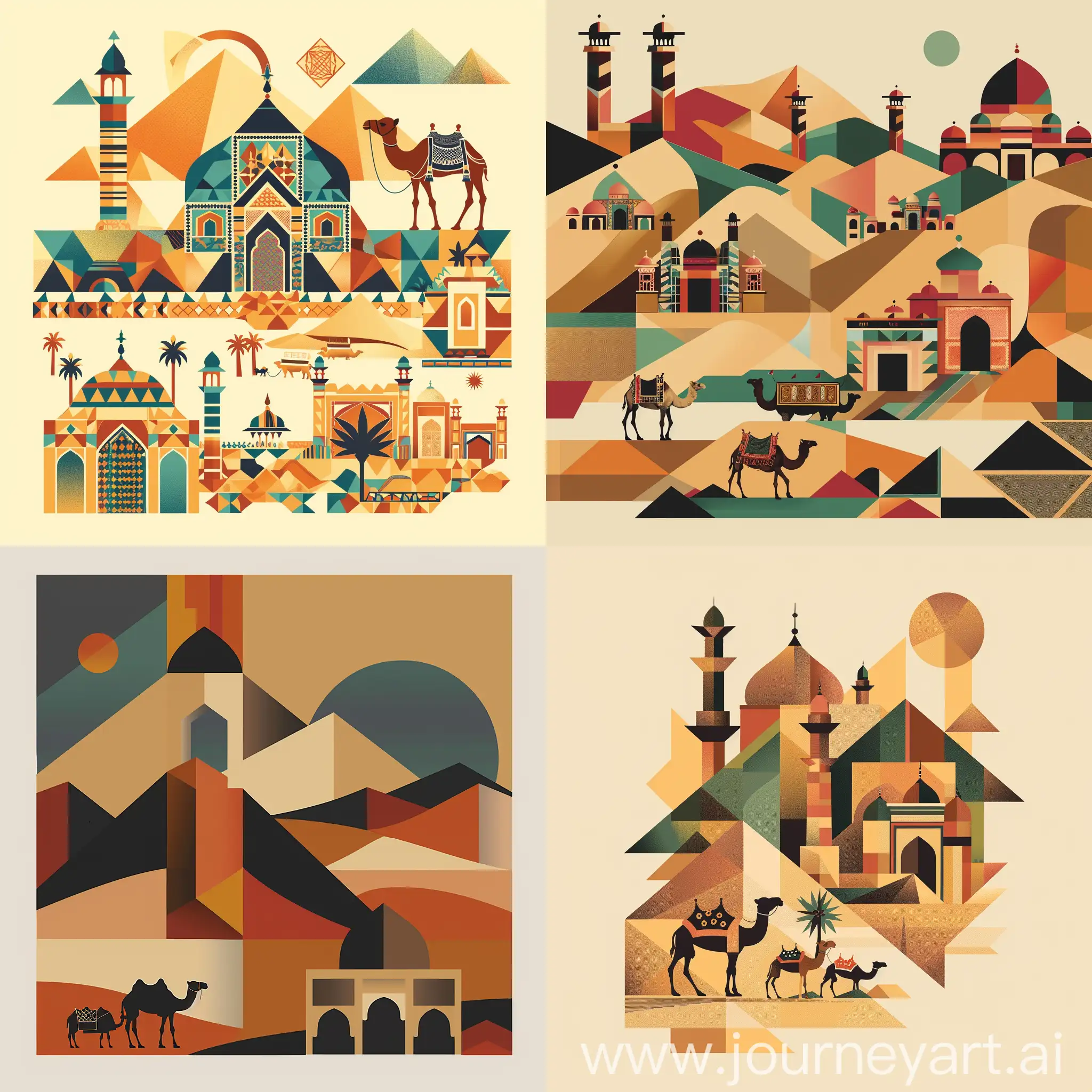 "Generate geometric shapes inspired by the desert landscape of Pakistan, emphasizing sophistication and cultural resonance. Consider incorporating elements such as sand dunes, camel caravans, oasis motifs, or traditional architectural patterns found in desert regions. Aim for a design that captures the essence of the desert while maintaining a refined aesthetic suitable for a banknote."