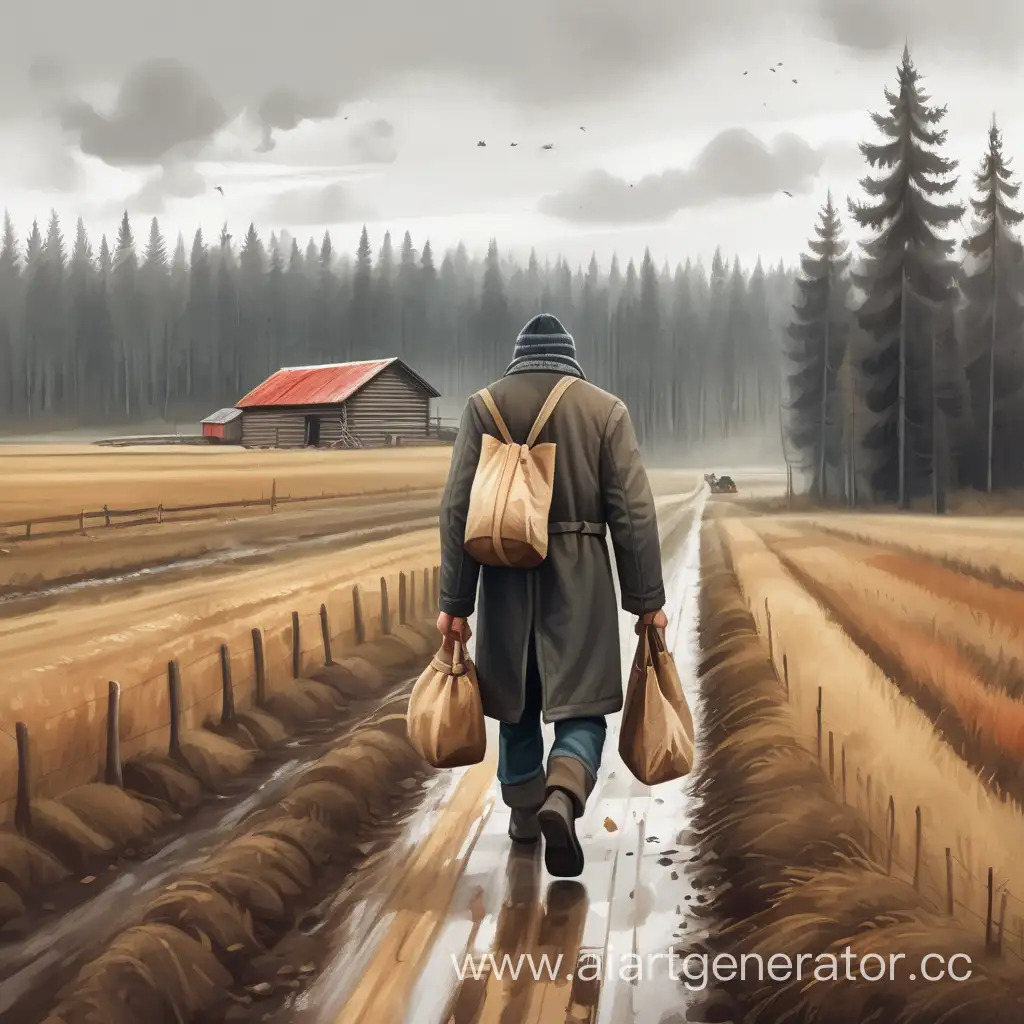 Сильный Человек идущий на работу на пилораму по границе поля и леса в пасмурный осенний день с небольшим вещьмешком, рисунок Россия