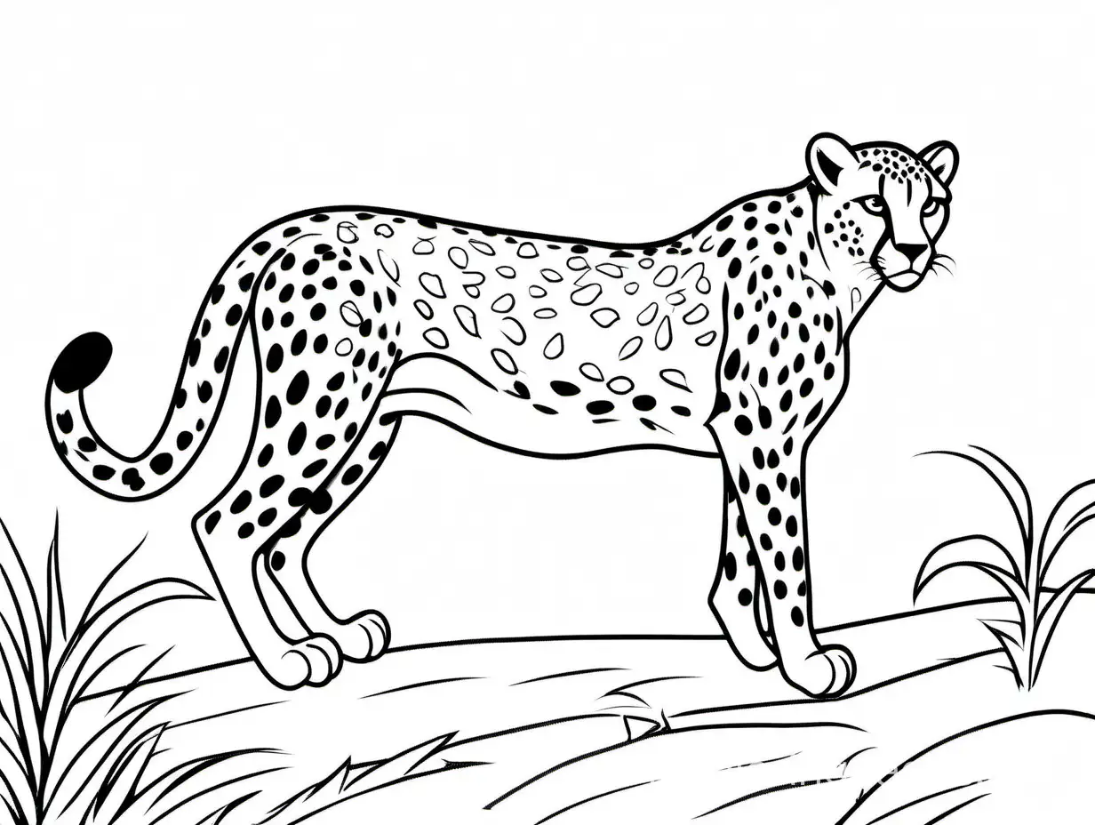 cheetah, Coloring Page, black and white, line art, white background, Simplicity, Ample White Space. The background of the coloring page is plain white to make it easy for young children to color within the lines. The outlines of all the subjects are easy to distinguish, making it simple for kids to color without too much difficulty