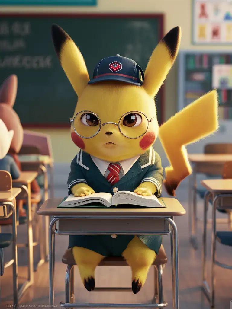 Pikachu studies hard at school.