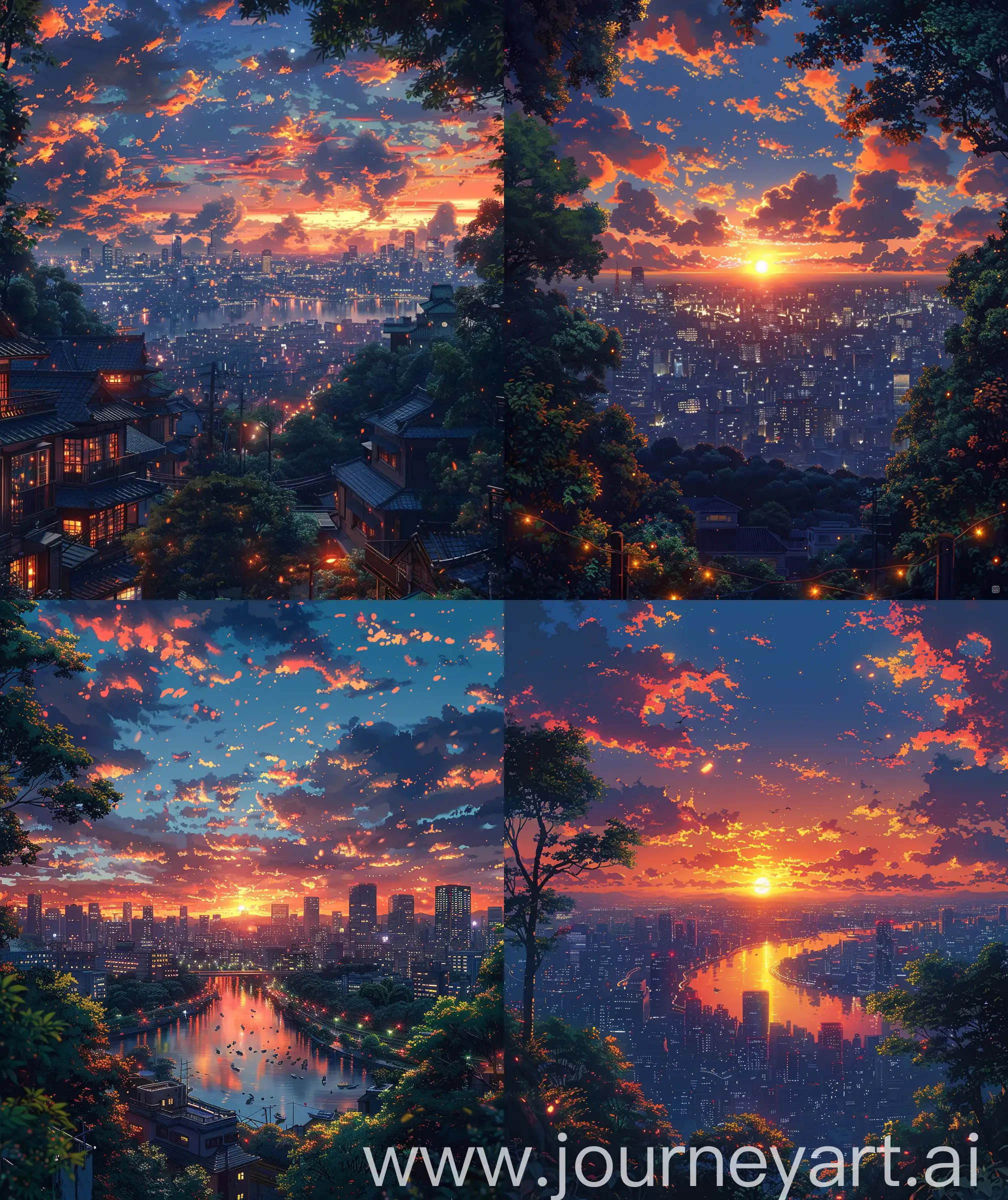 Beautiful anime scenary, mokoto shinkai style,
a beautiful summer evening time, "verious metropolitan cities verious  places view"  beautiful  sky, illustration ultra HD, high quality, sharp details, no blurry, no hyperrealistic --ar 27:32 --s 600