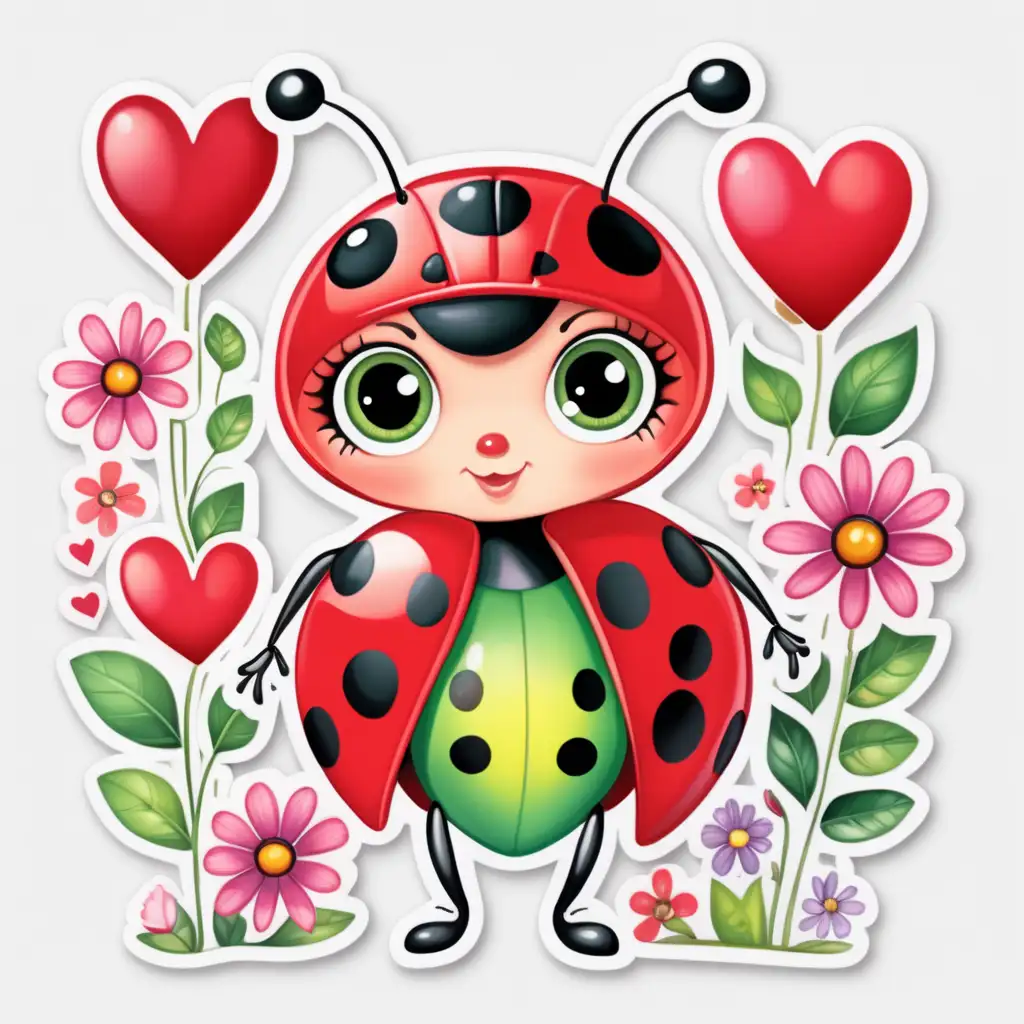 Cute,fairytale,whimsical ladybug, white background,,big green eyes, beautiful valentine background, with valentine hearts and flowers around, sticker, bright,colorful