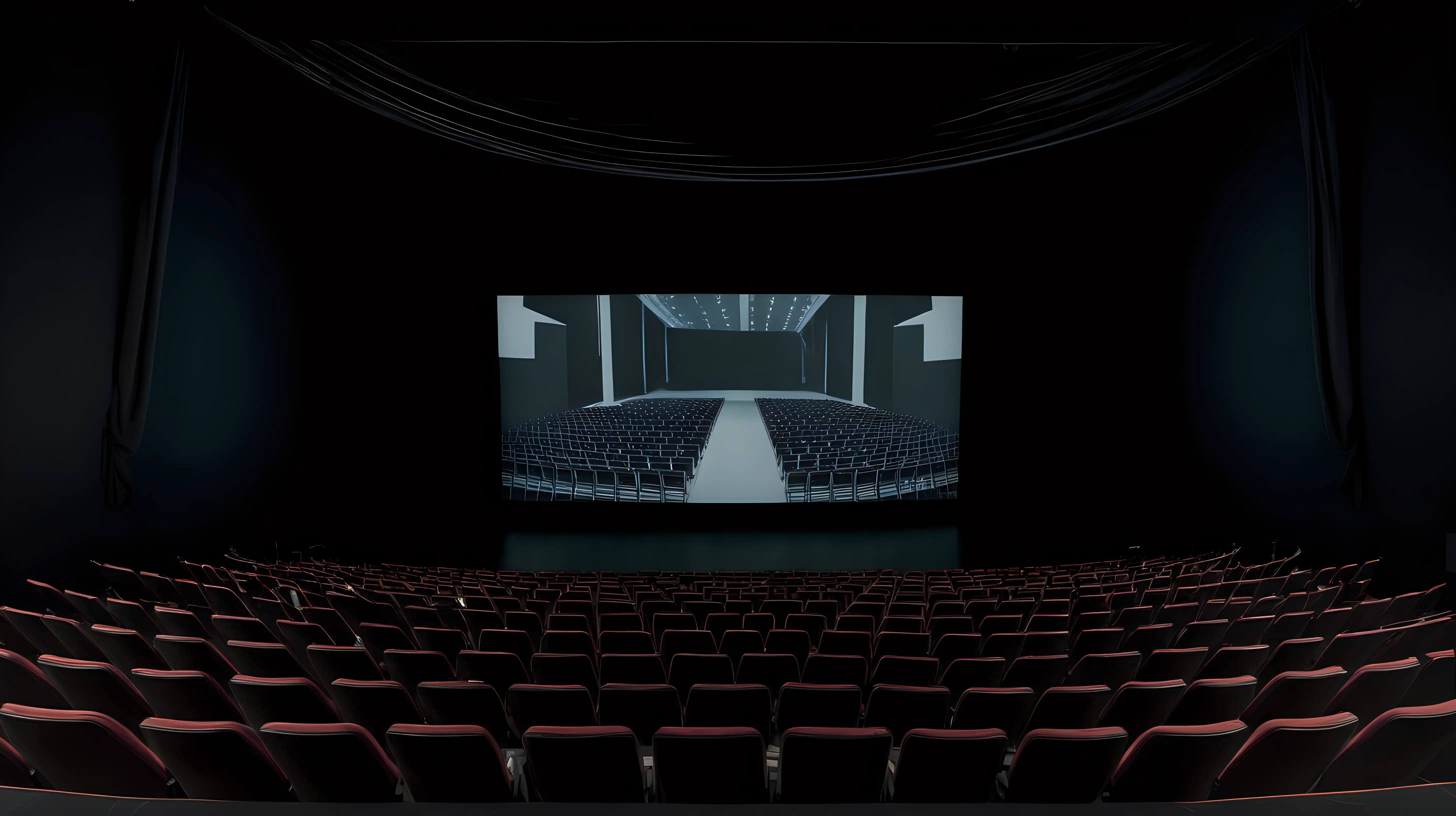 Large Black screen in art museum theater with tops of seats in foreground