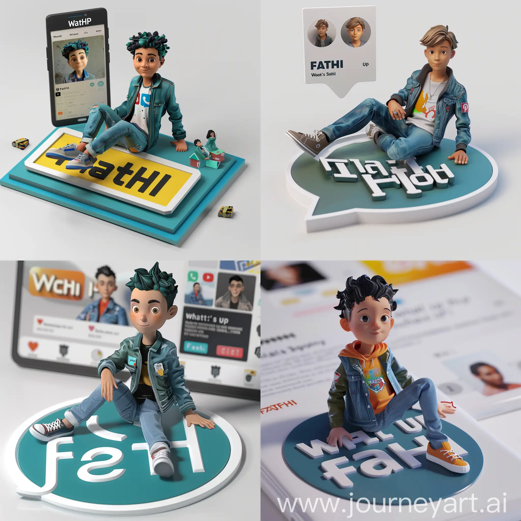 Create a 3D illustration of an animated character sitting casually on top of a social media logo "whats up". The character must wear casual modern clothing such as jeans jacket and sneakers shoes. The background of the image is a social media profile page with a user name "FATEHI" and a profile picture that match.
