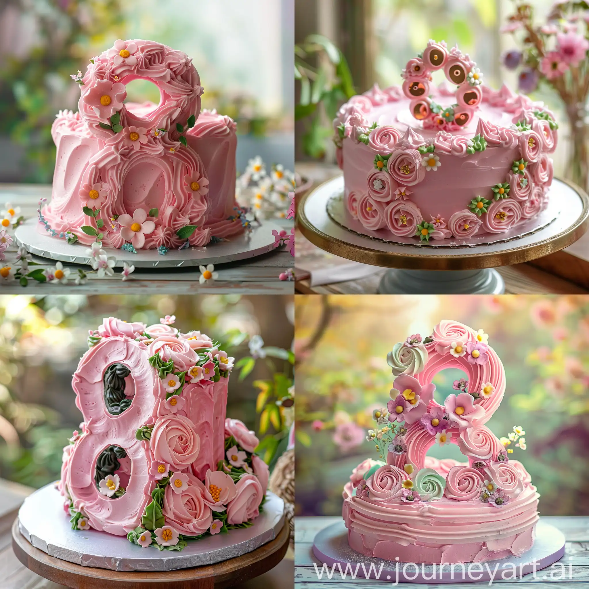 pink cake  in the shape of a number eight, with flower decorations, detalised, blured background