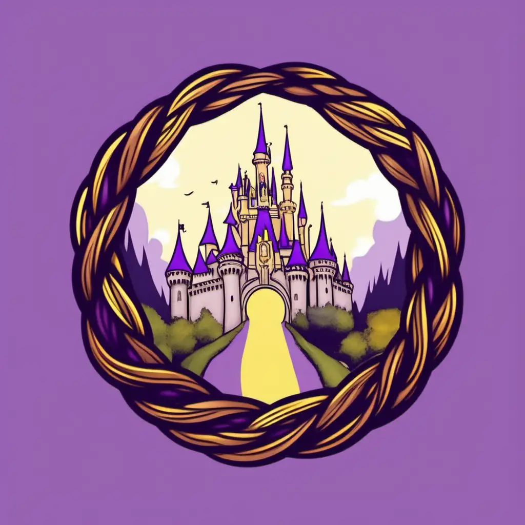 logo. braid of brown hair wrapped in a circle. Disney inspired
. castle. background of purple and yellow. magical and whimsical. travel. adventure. 