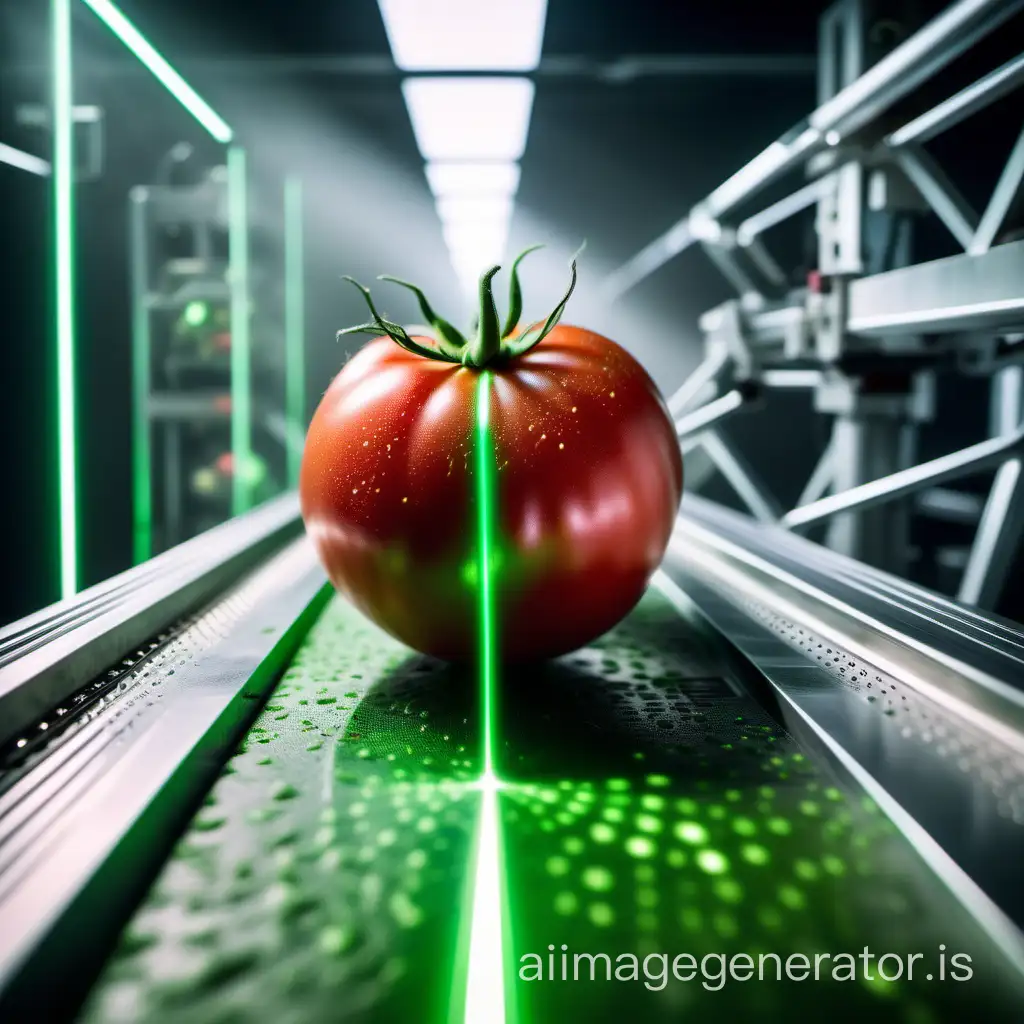 "A tomato on a high-tech conveyor belt passing through a futuristic machine that is emitting a green laser beam onto the tomato skin, representing laser scanning and stimulation"