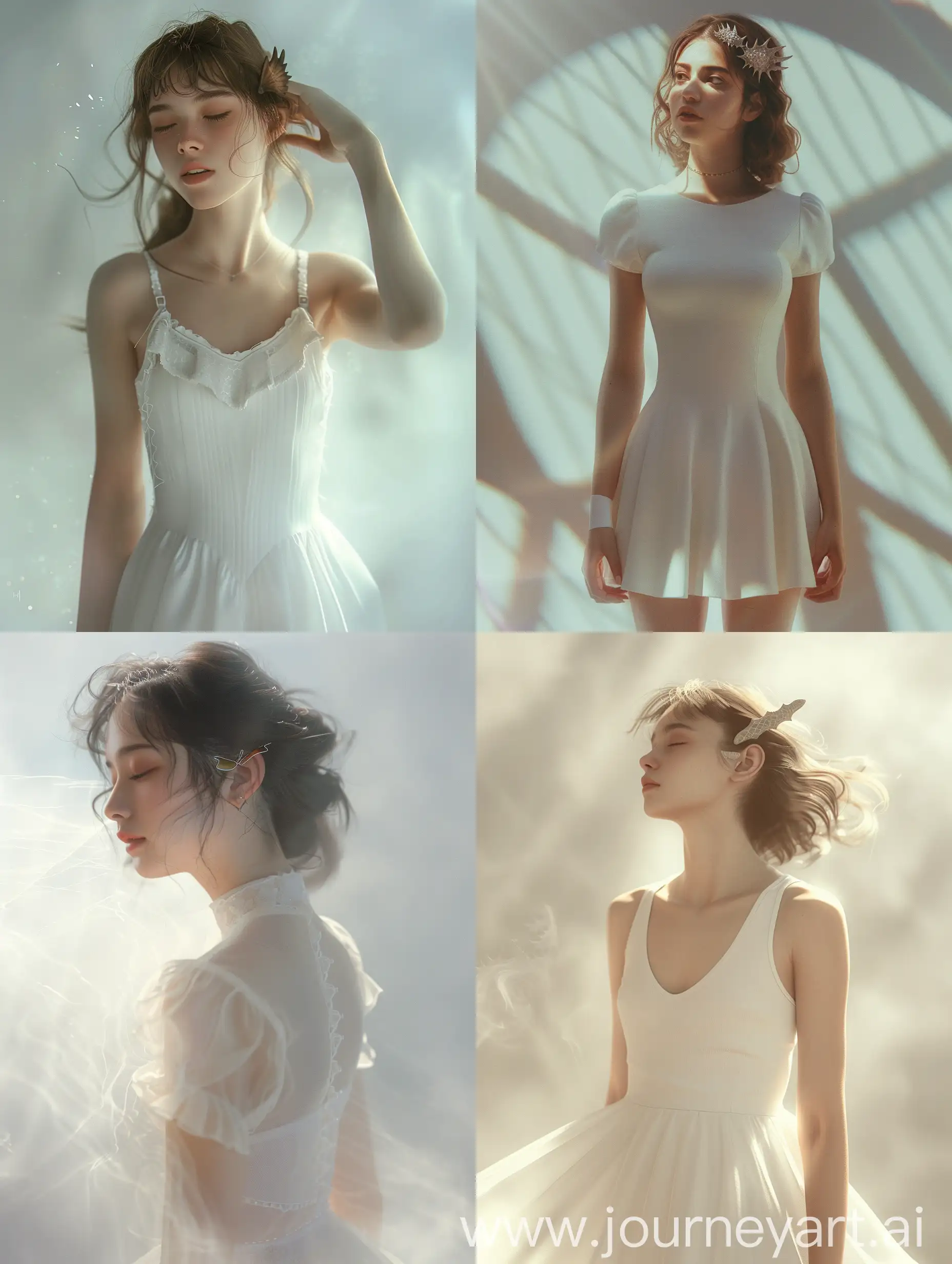 Девушка в простом белом платье, в волосах чешуя дракона, 8к, дымка, ультодетализация, плёночная фотография, рассеяние света, тенденции на артстанции, резкий фокус, высокая детализация