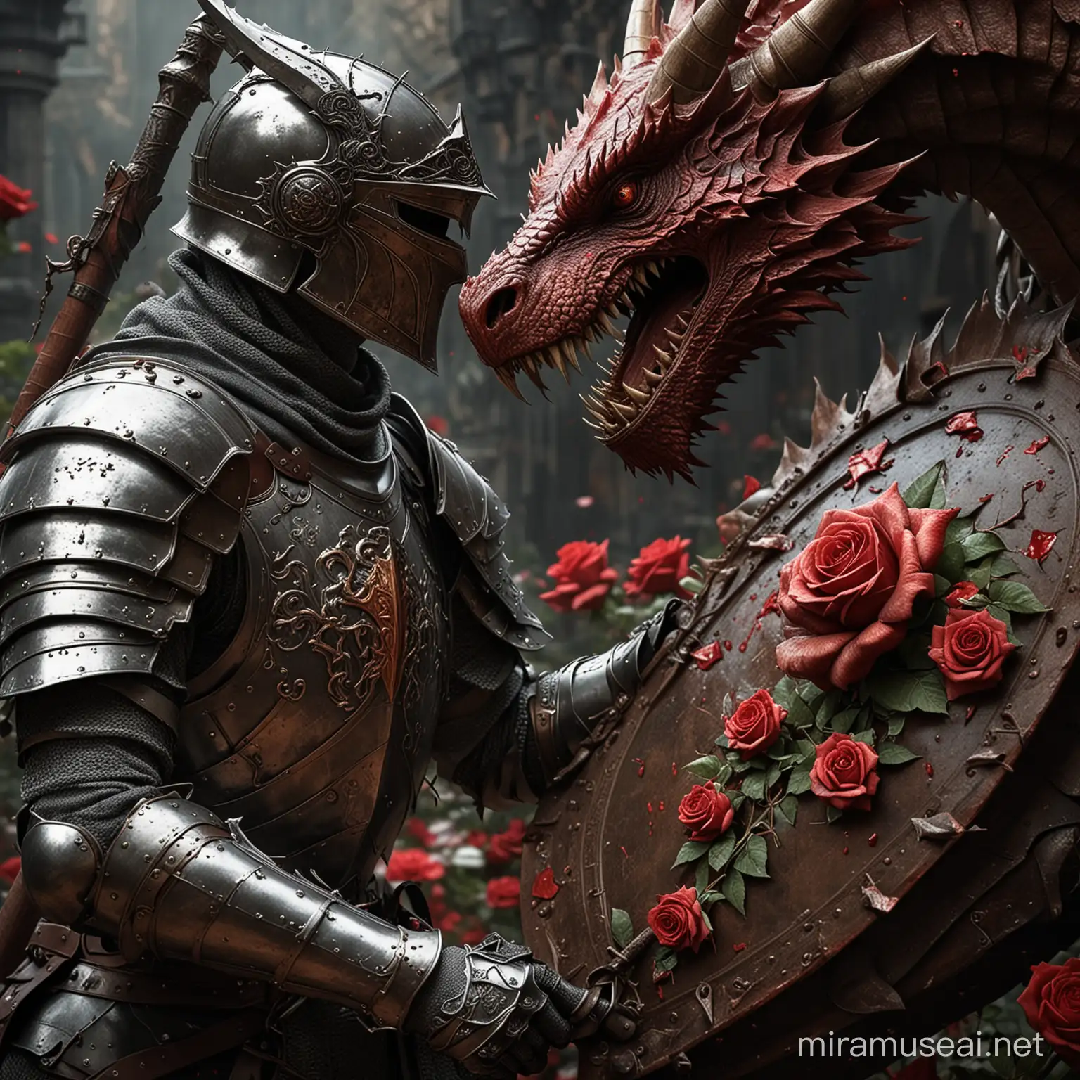 A realistic portrayal of a knight clad in full armor, his visage obscured by a helmet, engaged in combat with a colossal dragon to rescue a princess. The knight proudly bears the emblem of a rose on his shield, while from a wound on the dragon's body, a rose blooms from the spilled blood. The image emphasizes the clash of metal and scales, the determination in the knight's eyes, and the delicate beauty of the rose. Photography, using a high-resolution DSLR camera with a 50mm prime lens, capturing the intricate details and textures, --ar 16:9 --v 5