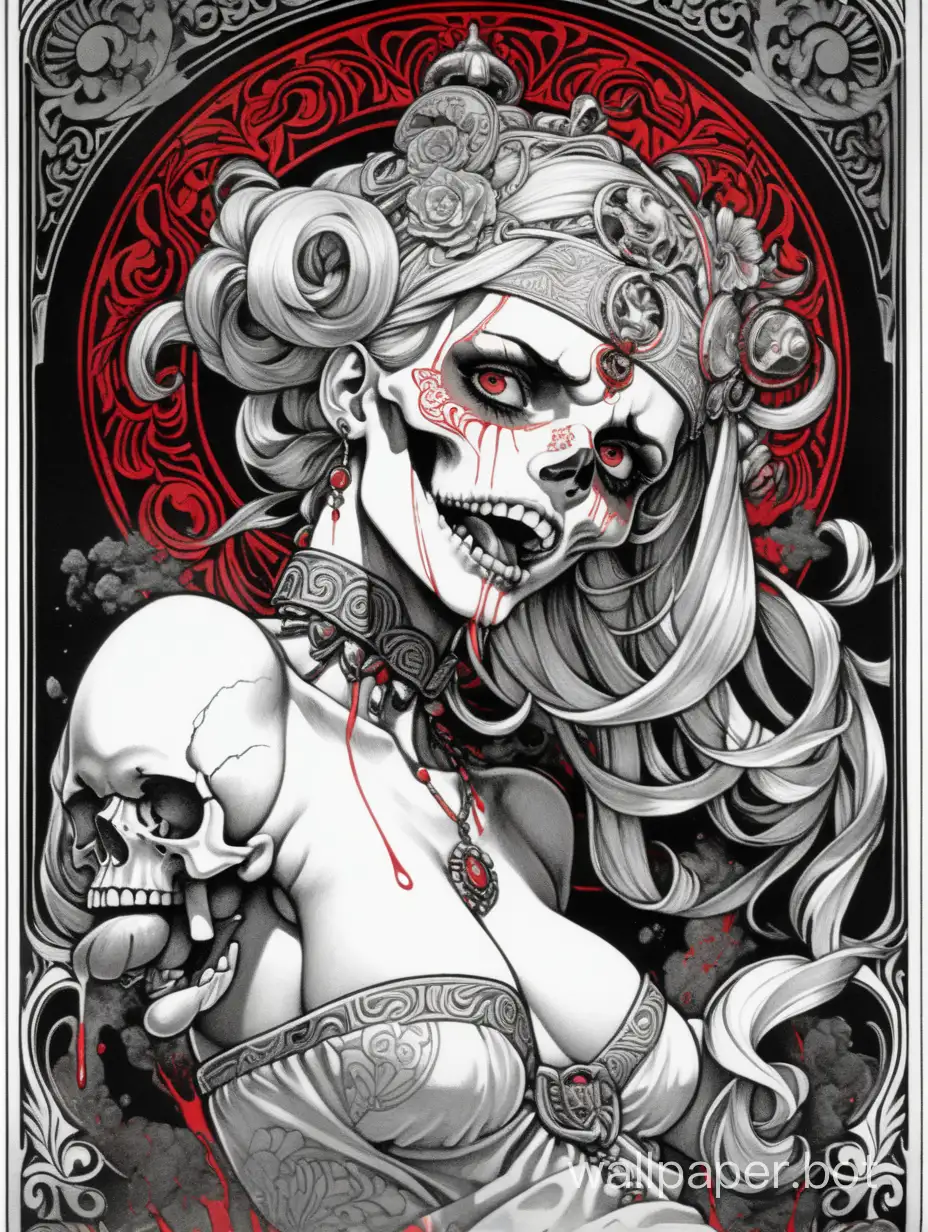 skull venus odalisque, front head , sexy crazy face, open mouth with tongue, chaos ornamental, darkness, asymmetrical, Chinese poster, torn poster edge, Alphonse Mucha hyper-detailed, high-contrast, black white red gray, explosive dripping colors, sticker art