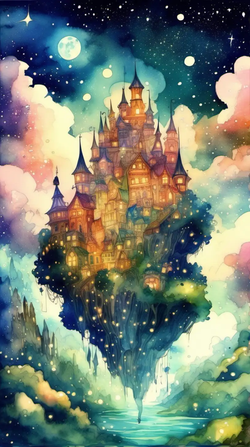 Dreamland itself should be a fantastical, whimsical place, filled with elements like floating islands, starry skies, colorful meadows, and whimsical architecture like cloud castles. The environment should feel magical, safe, and inviting, sparking a sense of wonder and endless possibility. night time, watercolor style