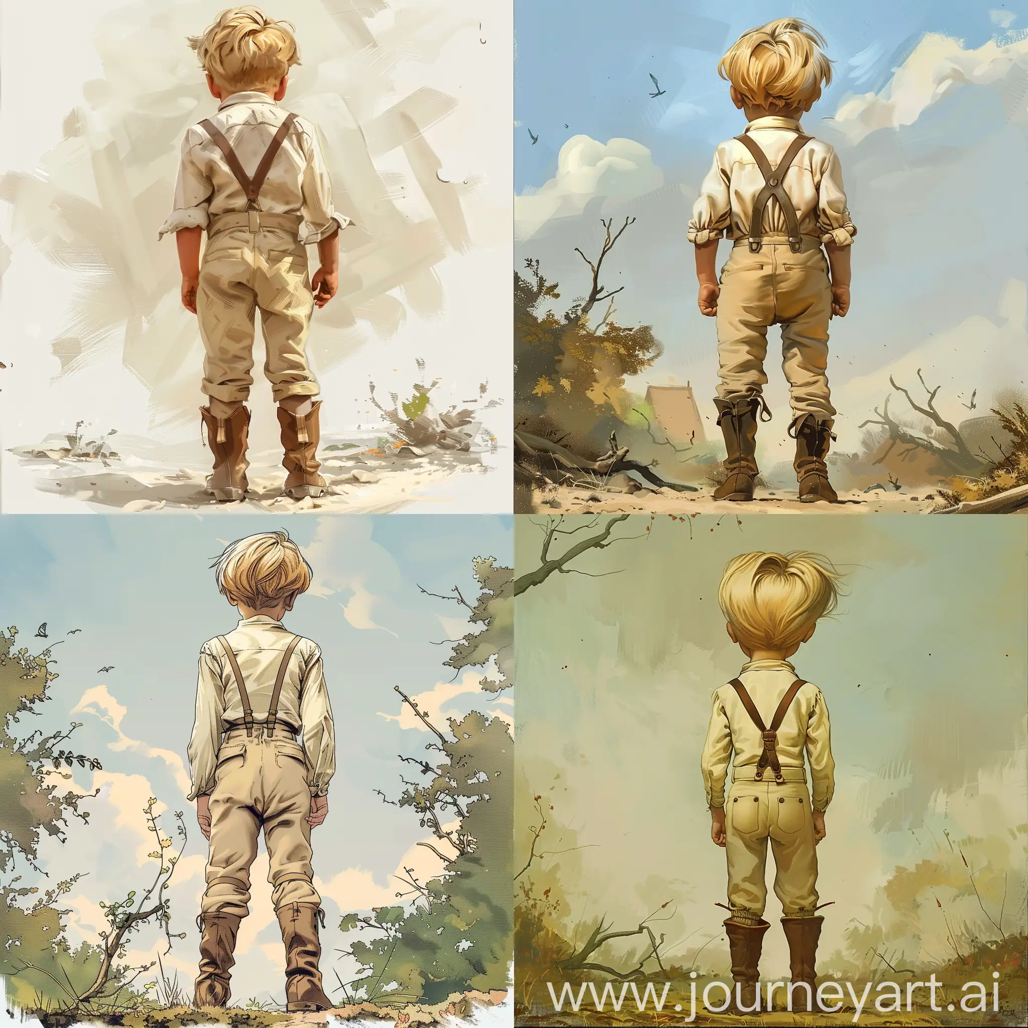 shot from behind, from behind, in full length, of a child boy, with blond hair, in high brown bootssimple light pants with suspenders, a shirt and , standing in a clearing, in full growth, cartoon style, illustration style for a children's book, art, high quality , high detail, art, high quality, high detail, pastel colors
