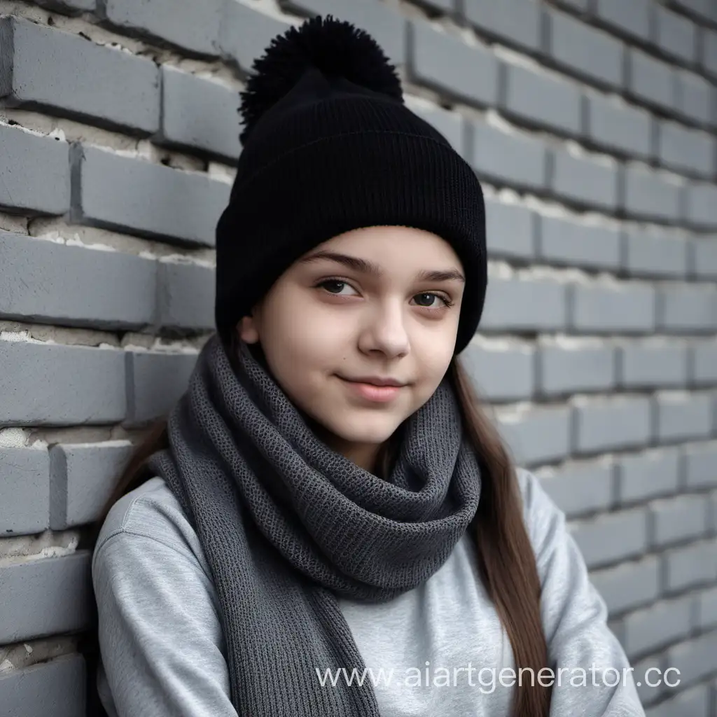 a girl, 15 years old. brunette, in a black knitted hat, gray sweatshirt, scarf, gray brick wall background