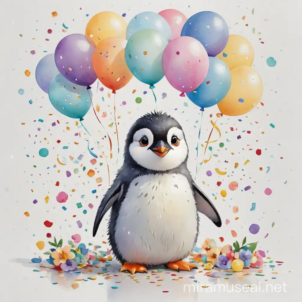 маленбкий пингвин, воздушные шарики, конфетти, цветы, белый фон, акварель