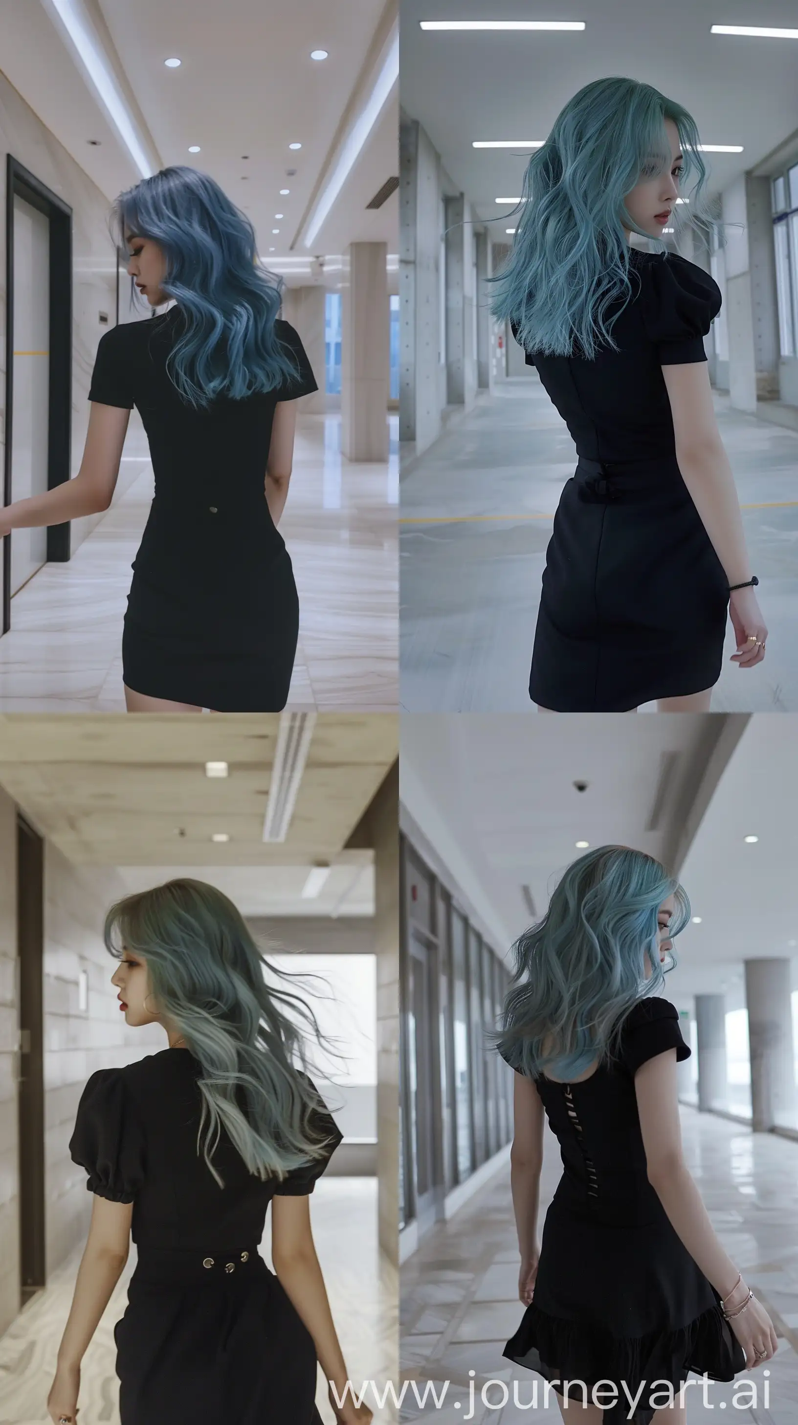 detailed aestethic selfie, blackpink's jennie, wearing black dress, medium blue hair, wavy, walking inside empty modern apartment hall, back body, hiding face --ar 9:16