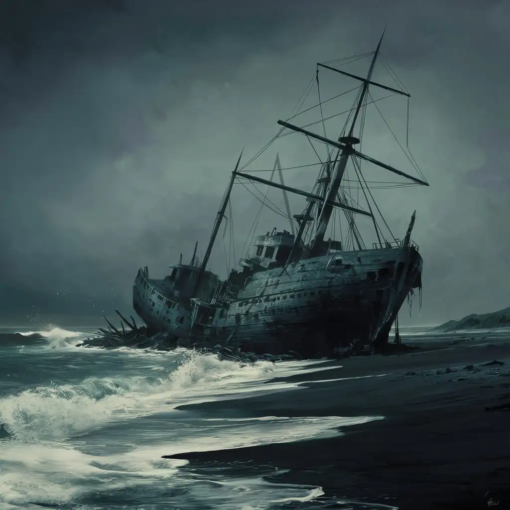 Eerie Shipwreck Night Scene in the Style of Zack Dunn and Zdzisaw Beksiski