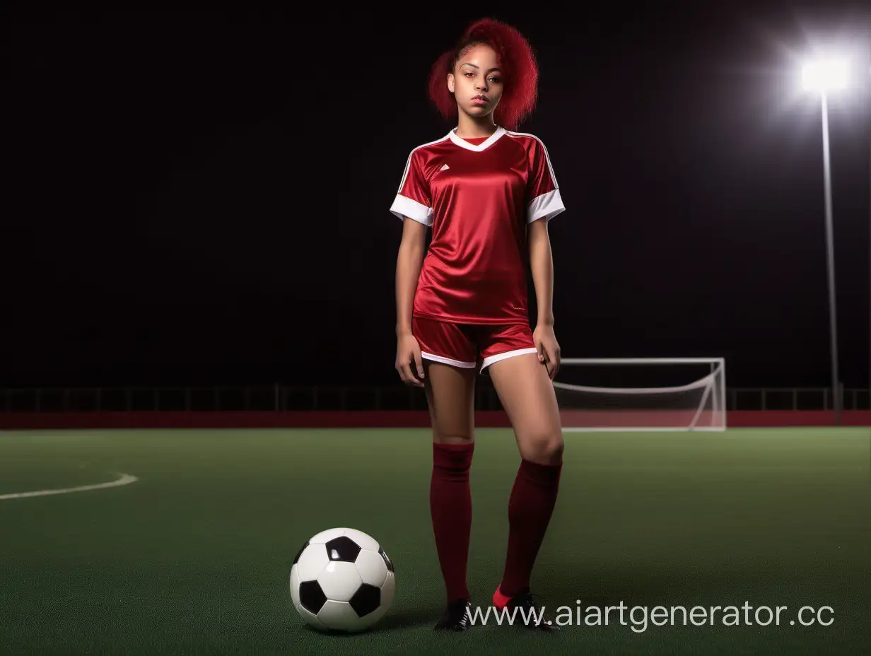 mulatto young lady with a ball for soccer dressing in dark red jersey, dark red sports shorts and dark red sports socks on the soccer pitch