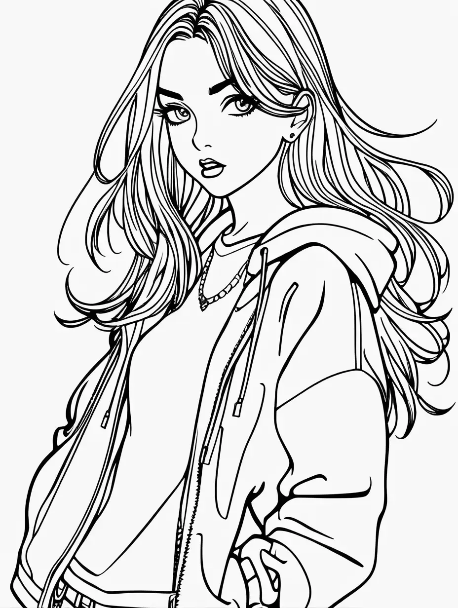  High fashion model,young female, striking poses, vector, black and white, anime, white background,colouring book