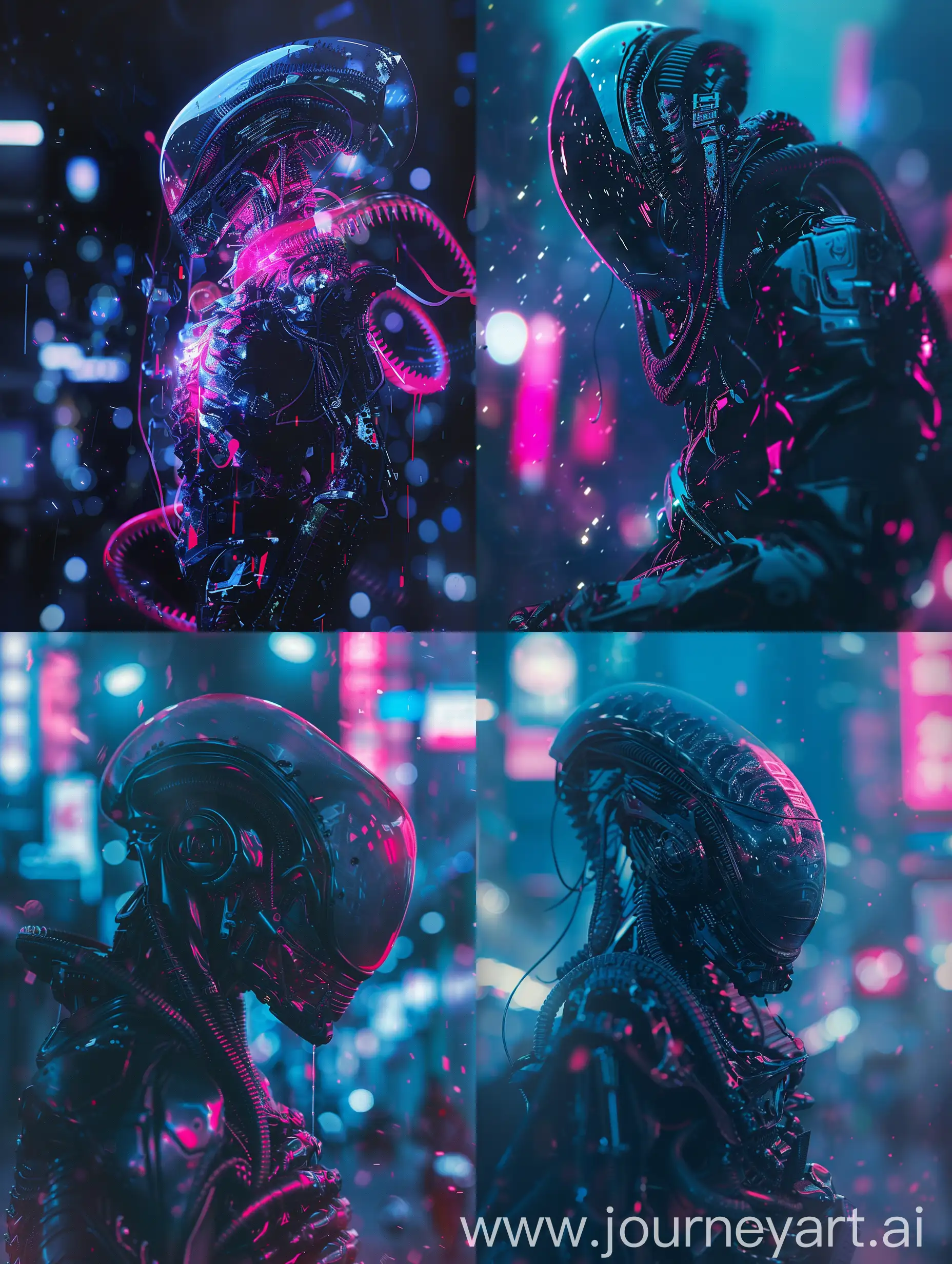 Xenomorph, cyborg, darkness, realistic, high detailed, cyberpunk concept, with subtle pink and blue gradients, futuristic, sparkling, Moonlight enveloping attire tech-punk mech-punk cityscape.