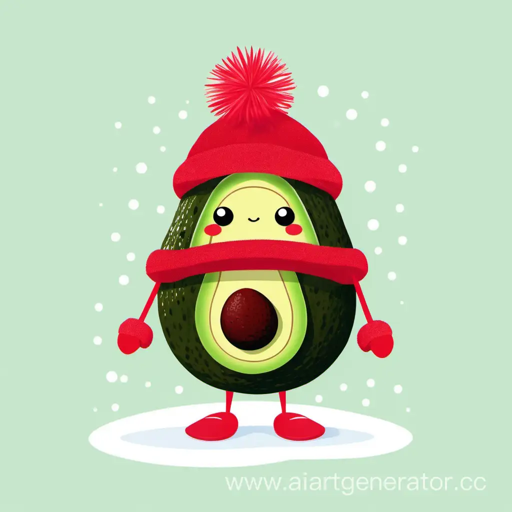 Cheerful-Avocado-Character-in-Winter-Red-Hat-with-Pompom