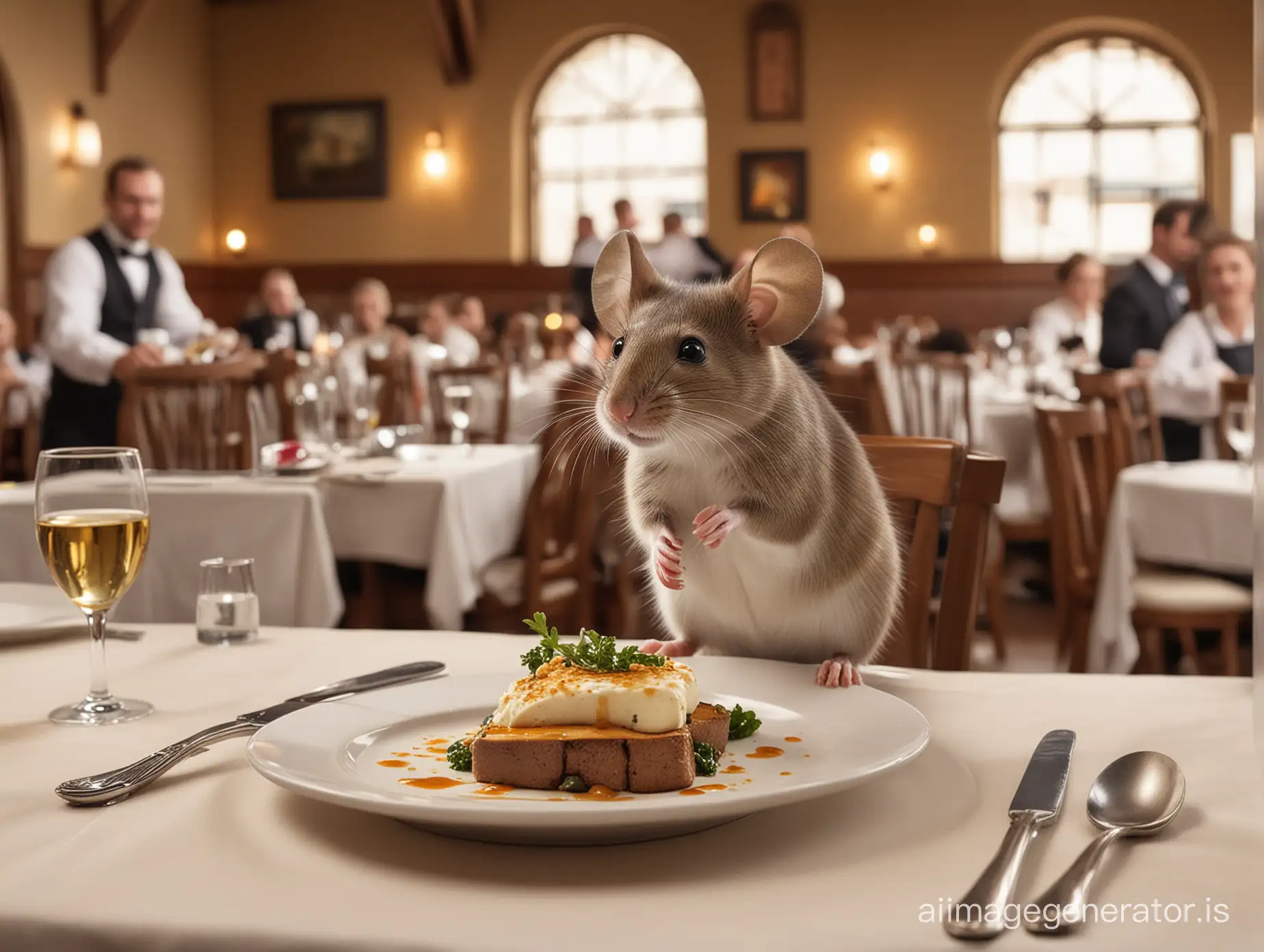 A mouse serves at a table as a waiter in a busy restaurant