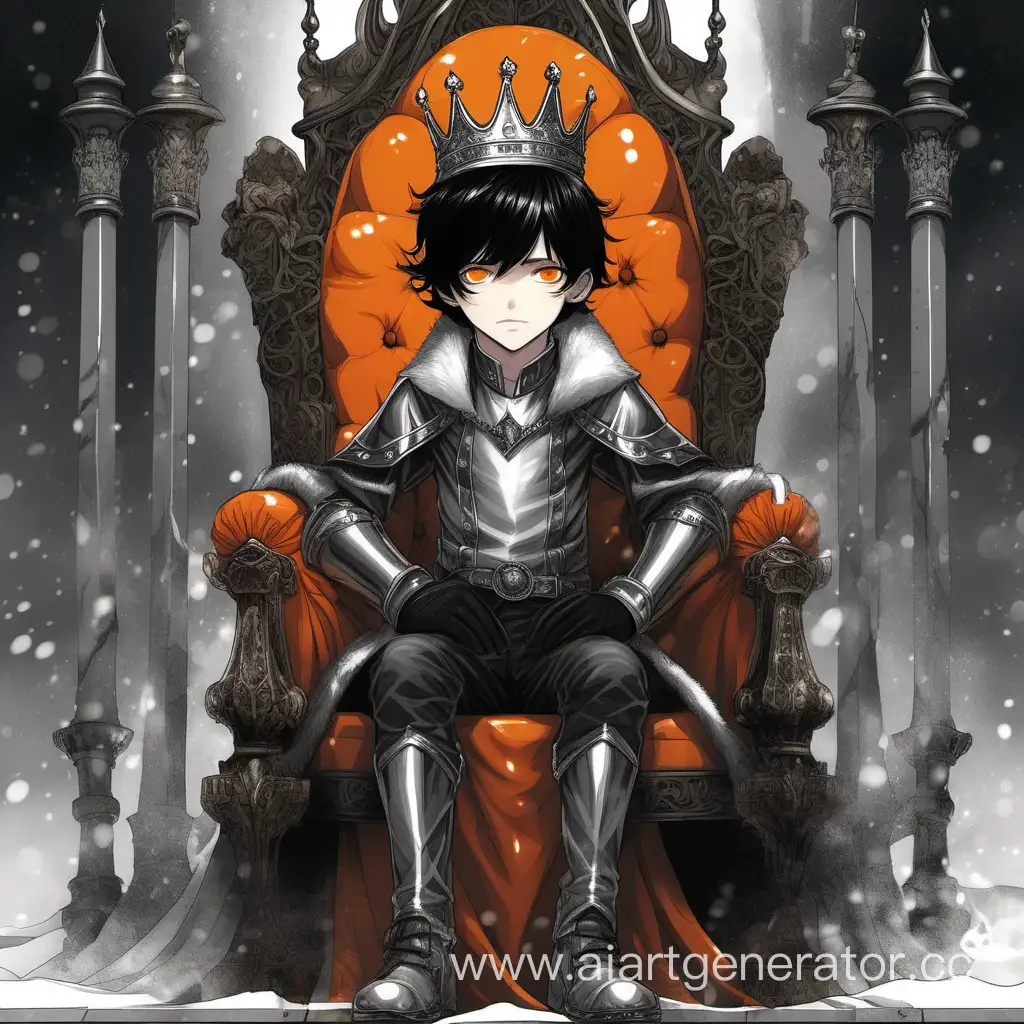 Мальчик с чёрными волосами и оранжевыми глазами сидит на троне в то время как руки в перчатках из ниоткуда надевают на него серебоянную корону