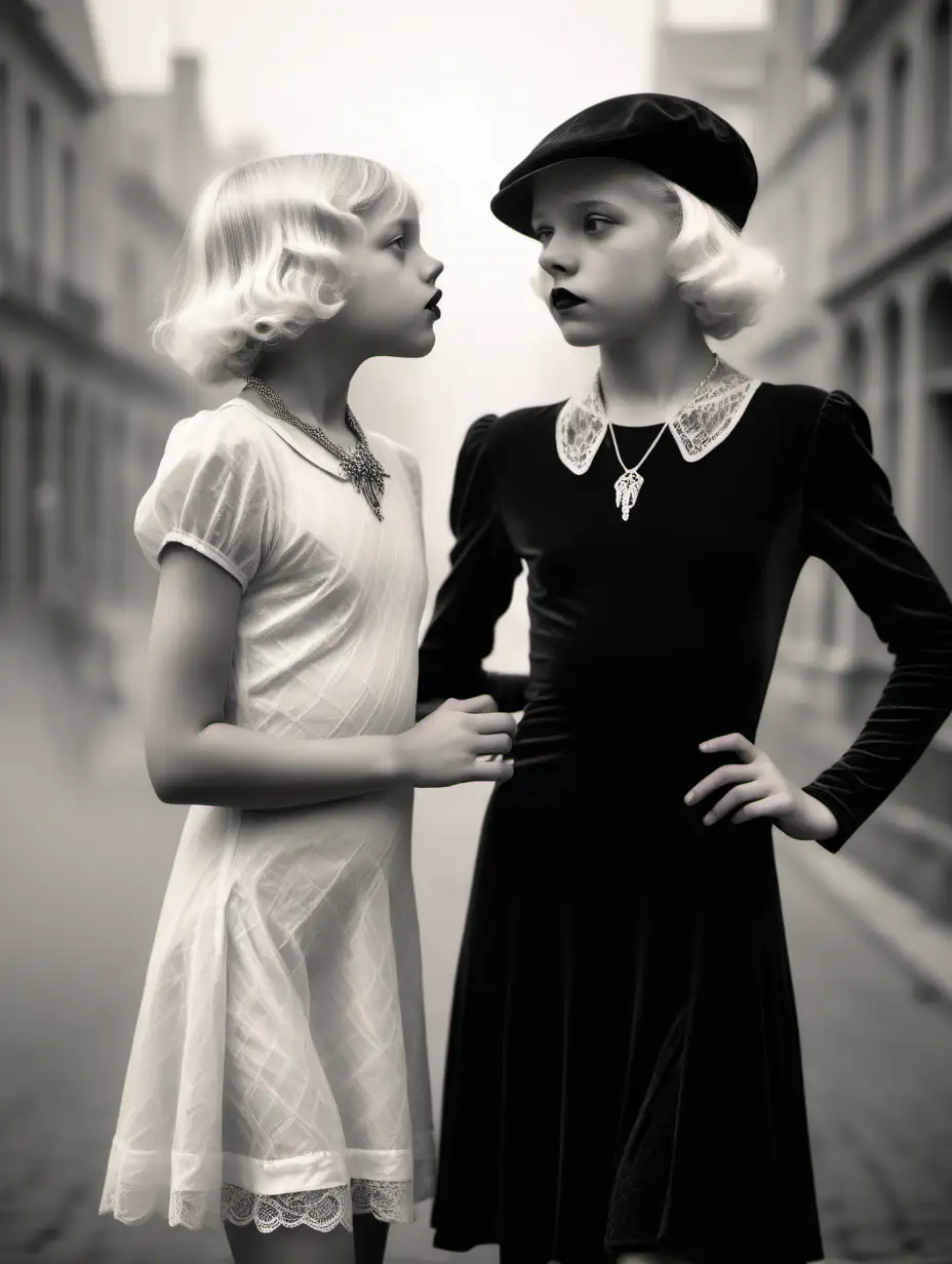 1930s Sisters Embrace in Historic French City Street Portrait