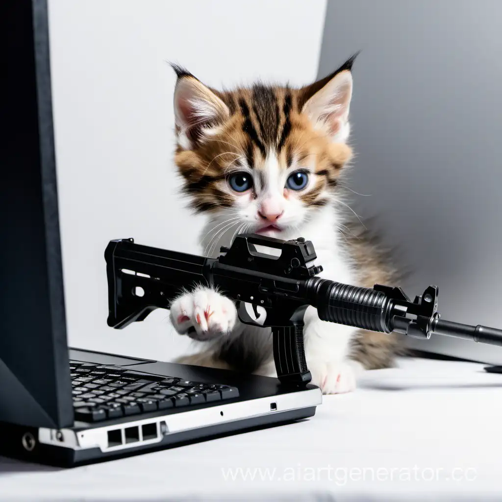 котёнок сидит за компьютером и что то пичатает держа пистолет 
