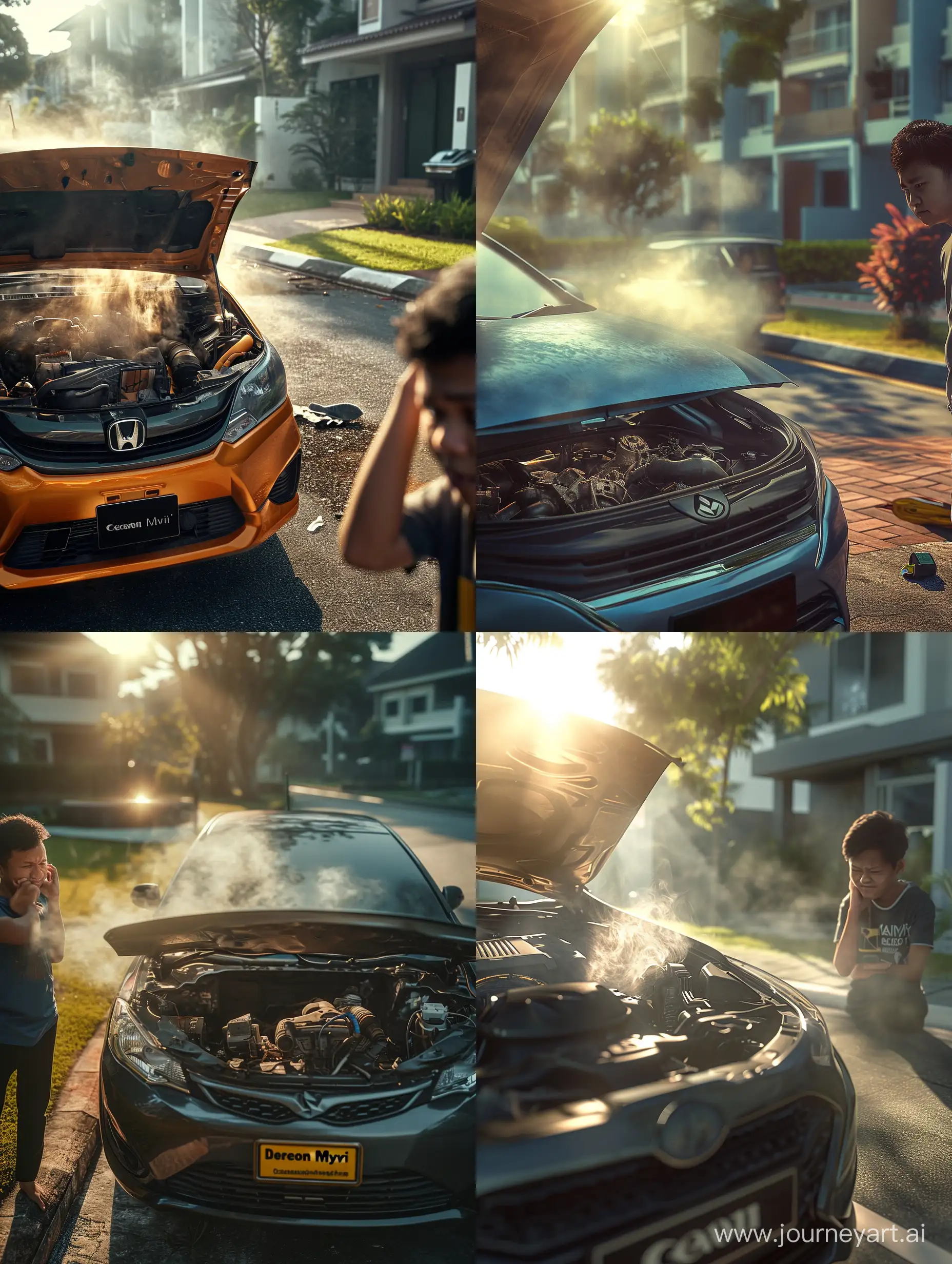 Ultra realistic, close up, car broke down on the side of the road. The front bonnet was open and there was smoke coming out of the car engine. Perodua myvi brand car made in Malaysia. A Malay youth looked at the car engine with a sad face while scratching his head with one hand. atmosphere in a modern housing estate. refraction of sunlight. canon eos-id x mark iii dslr --v 6.0