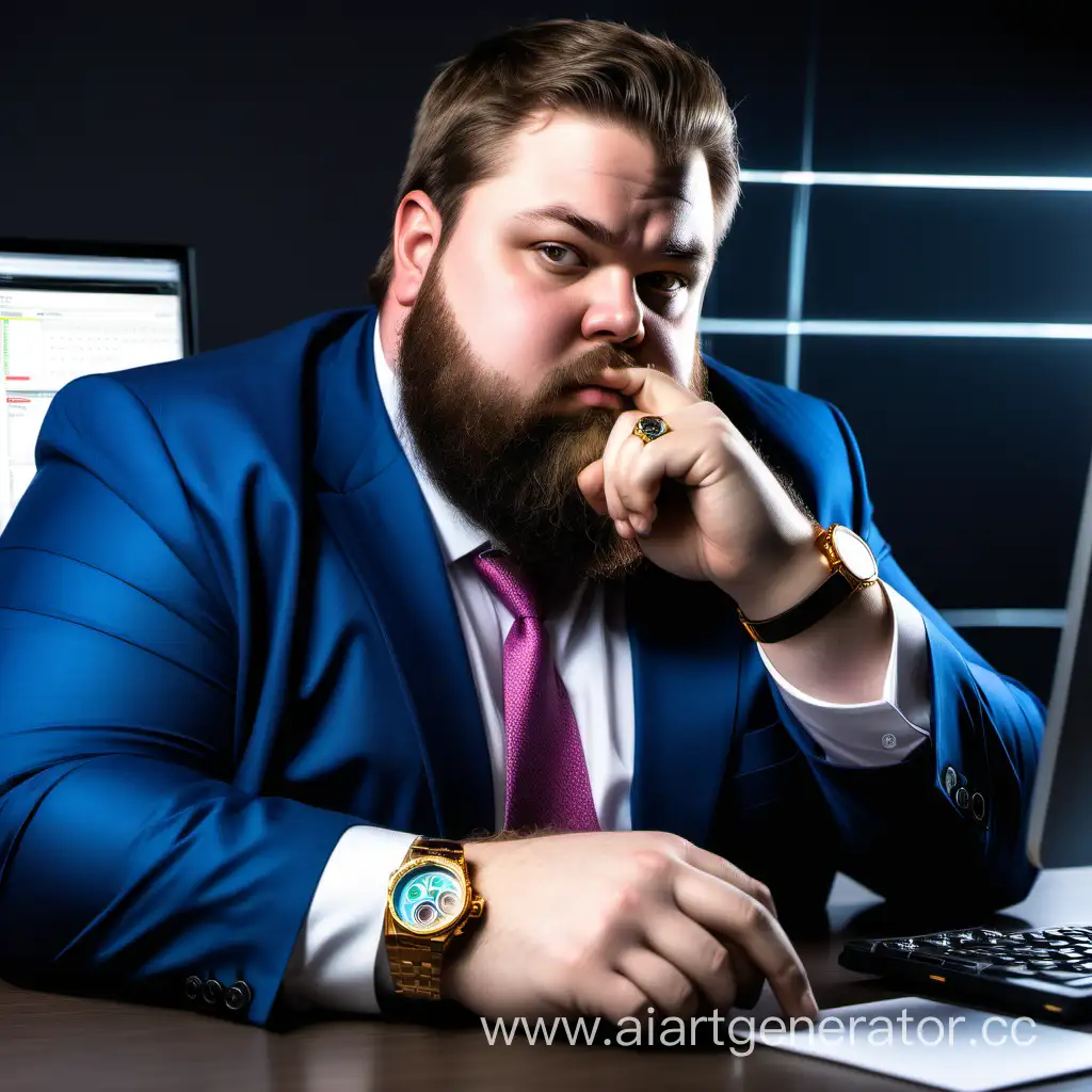 Жирный криптоинвестор в дорогущем костюме и бородой сидит на своем рабочем месте с часами на каждой руке