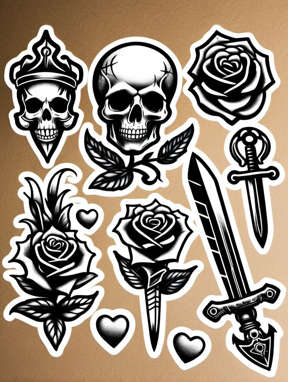 Vintage Tattoo Sticker Set with Roses Skulls Dagger and Heart on White Background