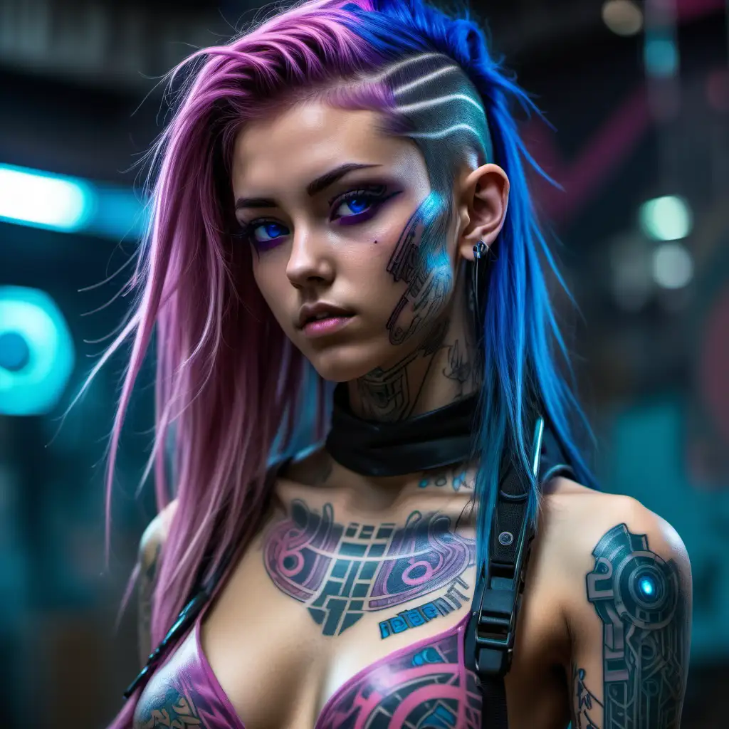 Female, young adult, long hair that has one side saved, hair is mix of blue and pink, purple eyes, tattoo on neck, cyberpunk background, tan skin.