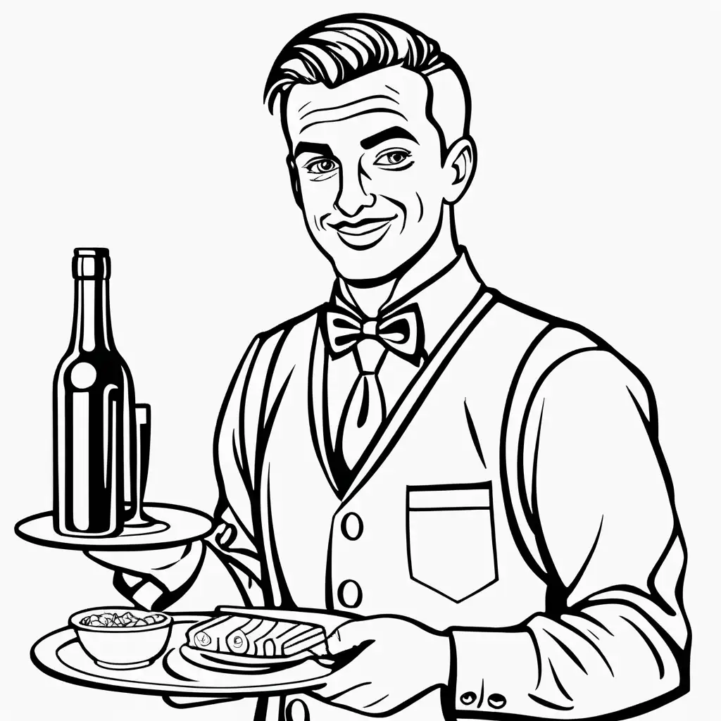 Simple Coloring Page of a Waiter Profession