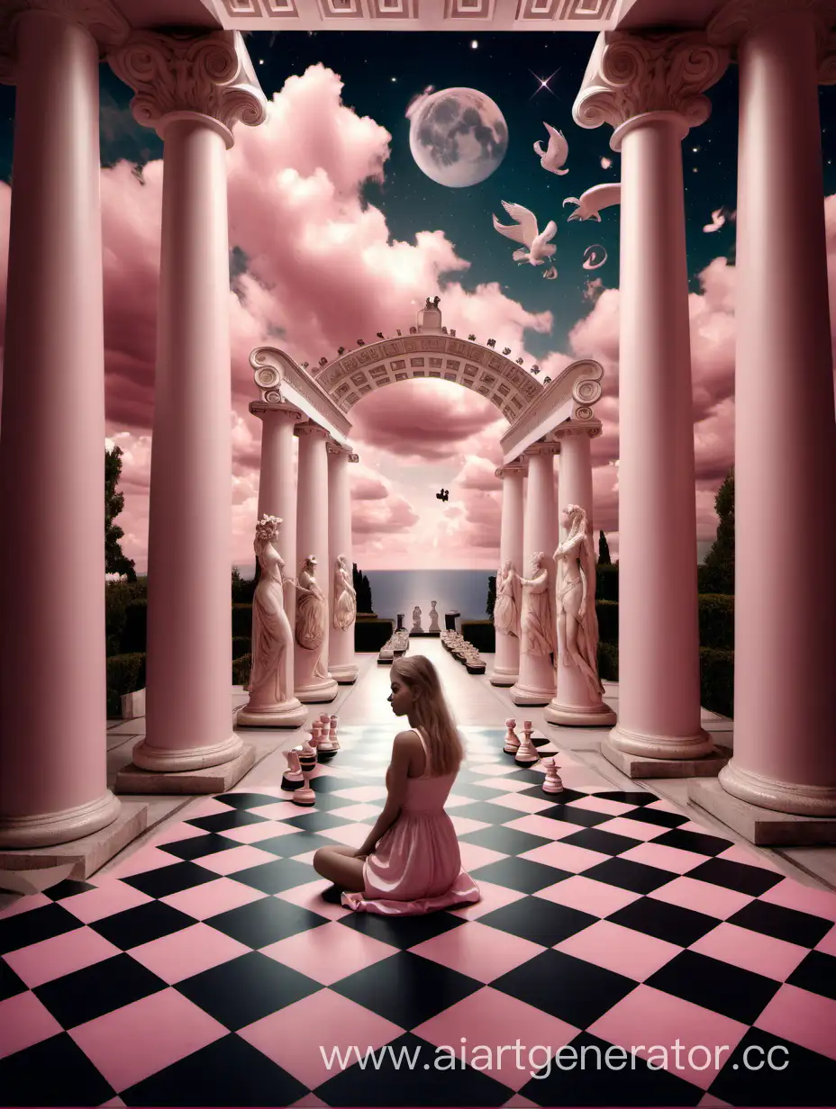 Pink clouds, Greek columns, chessboard floor, ivory royal gates, zodiac signs, girl sitting with a small chessboard