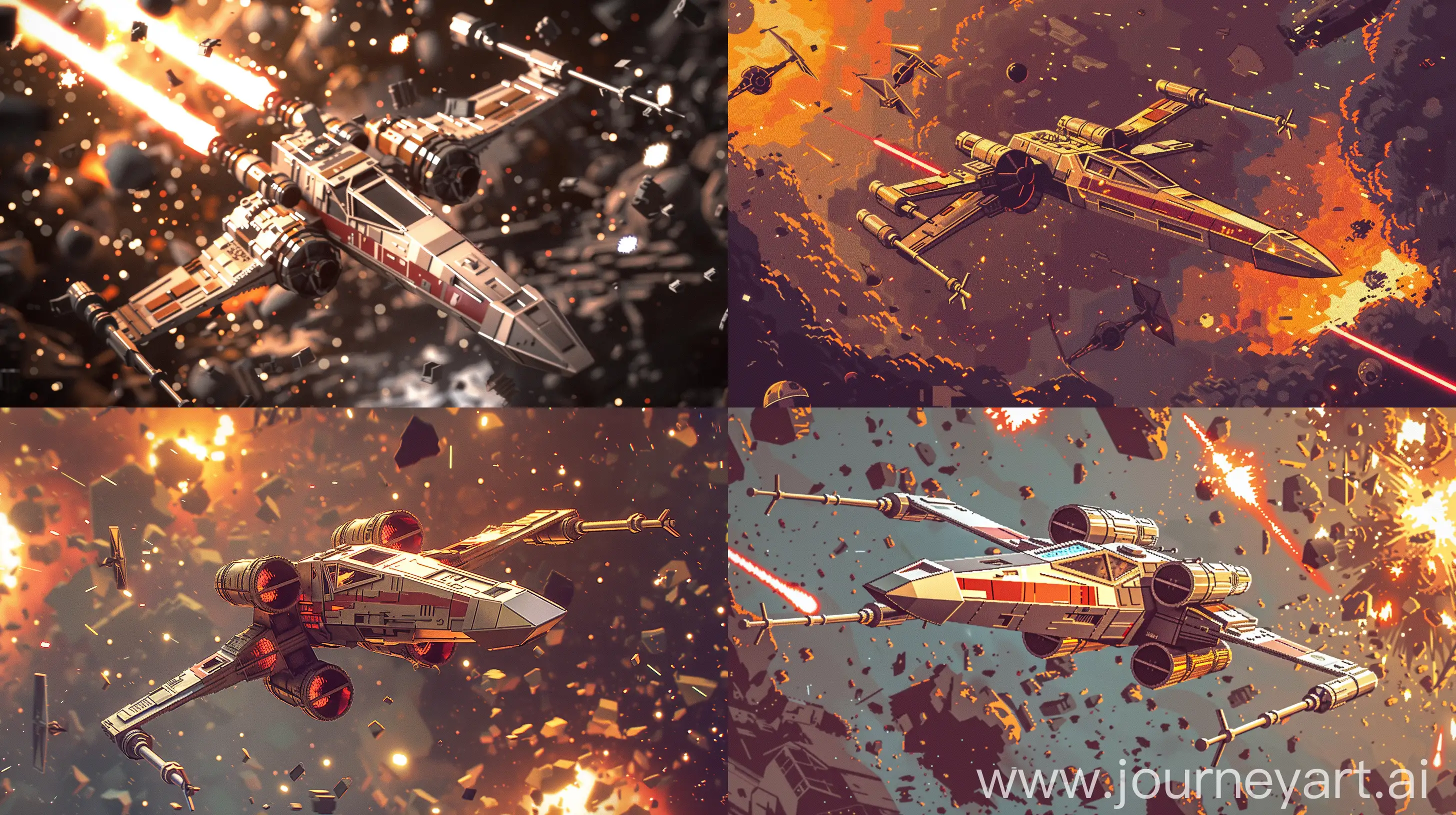 Prompt: A climactic Star Wars battle scene featuring an X-wing flying through debris, Pixel art style, Chrome metal material, Backlit by the glow of explosions, Warm colors dominate, Seen from a low angle, Extremely detailed, --ar 16:9 --v 6