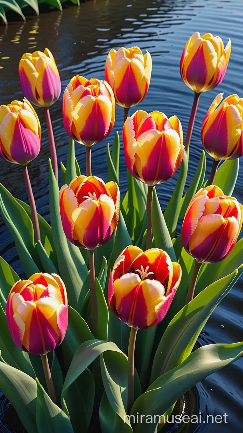 Glowing Feathered Tulips Reflecting on Sparkling Water