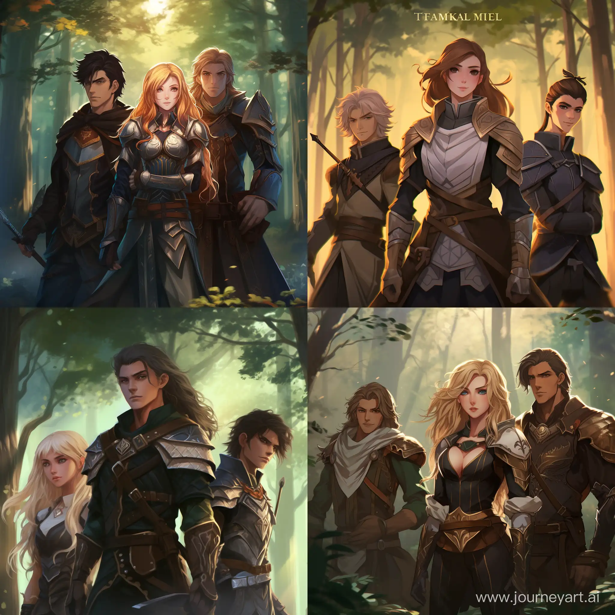 a forest with two guys ad a woman. a male robbed wizard. a ranger elf. a female paladin. anime style