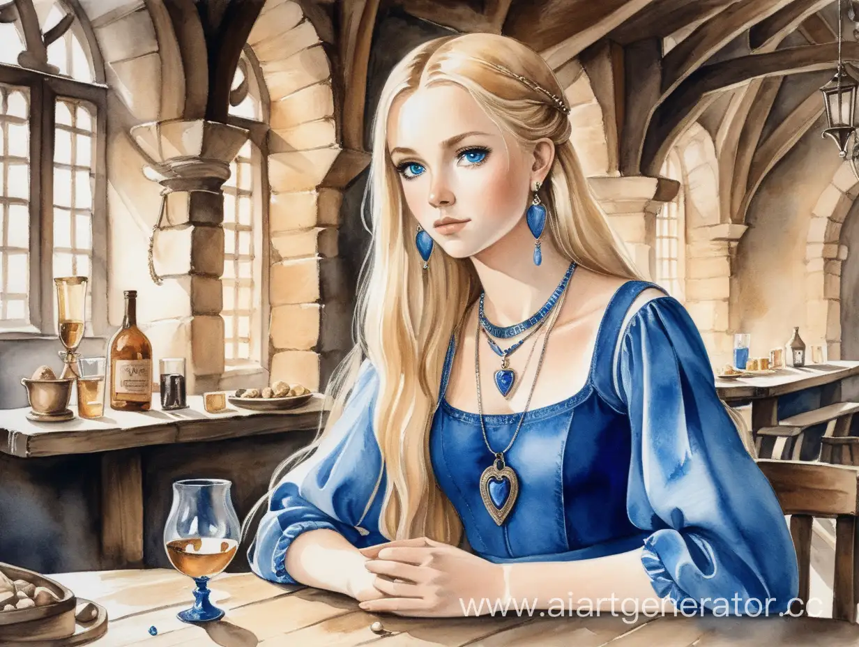 Blonde-Girl-in-Blue-Dress-with-Pendant-in-Medieval-Tavern-Watercolor-Painting