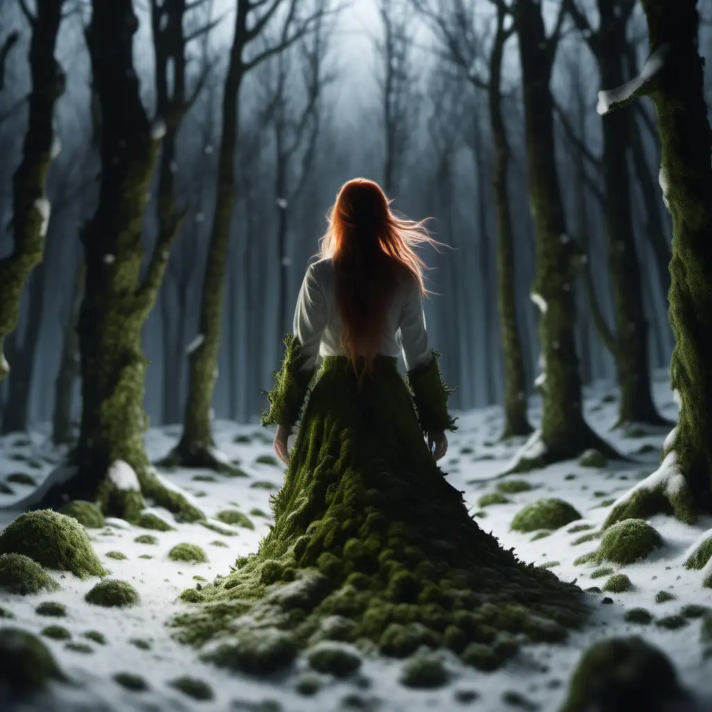 create a night snow forest scene, female spirit is moving away from camera in the horizon, moss covered with snow, ultra realistic, ambient light