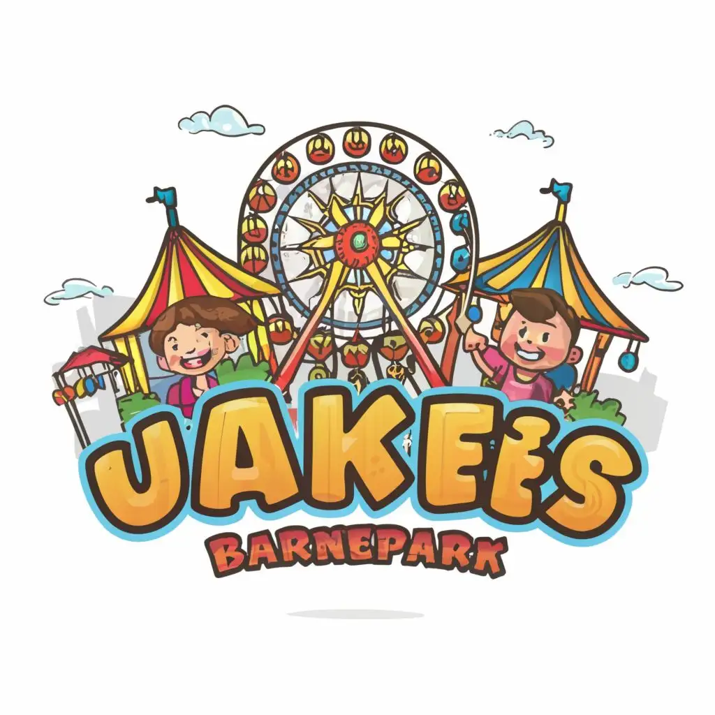 logo, Fun cartoon kids and funfair wheel, with the text "Jakes 
Barnepark", typography