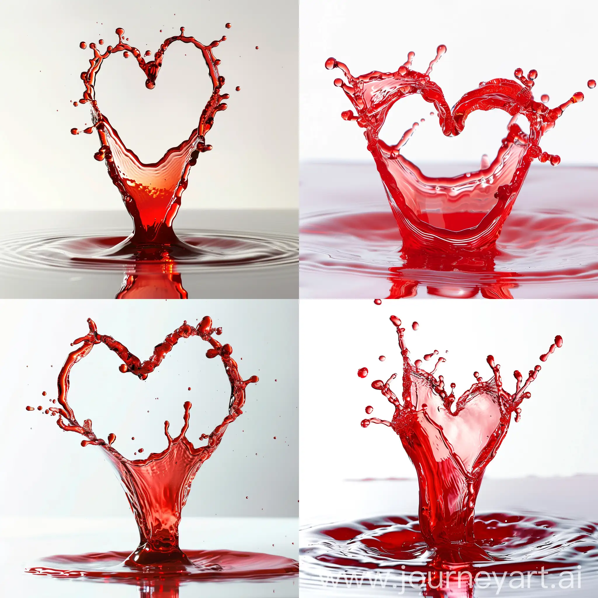 A macro shot of a red water splash shaped like a heart, on a pure white studio backdrop