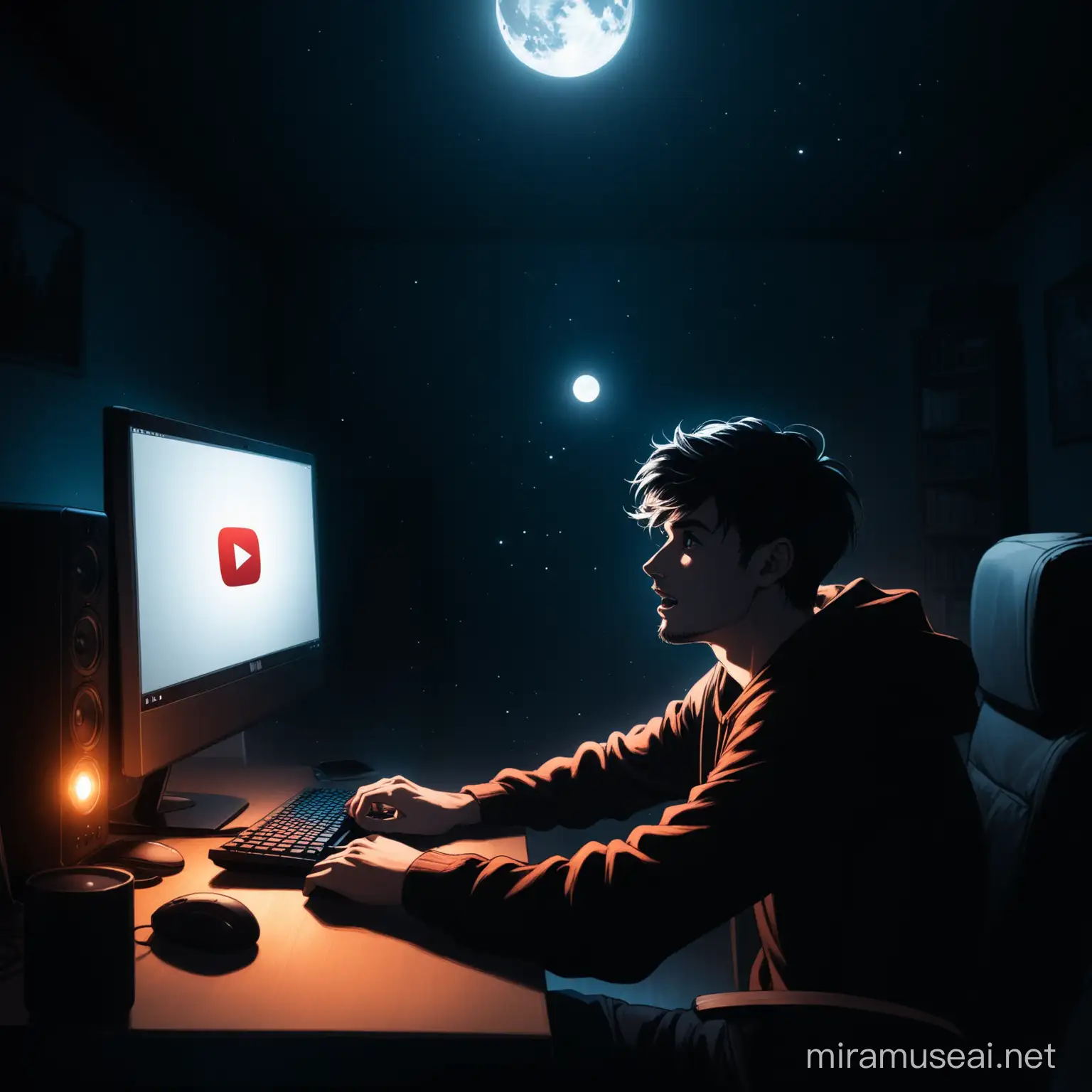 Mysterious YouTuber Celebrating Channel in Moonlit Room